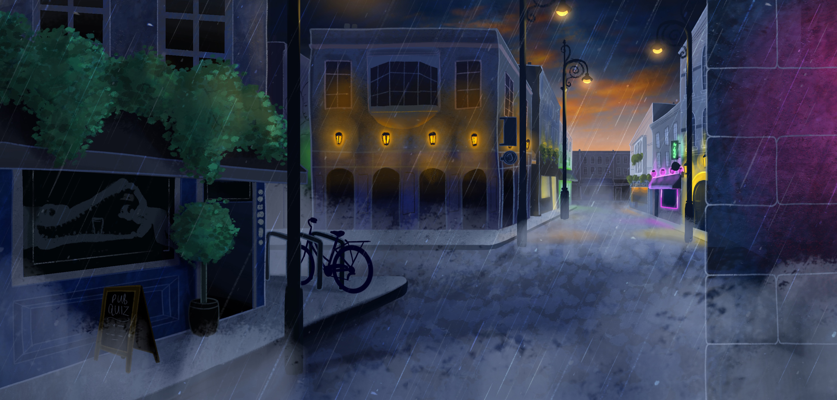 A rainy street corner with lights shining outside the buildings. A bicycle is parked outside one of the buildings.