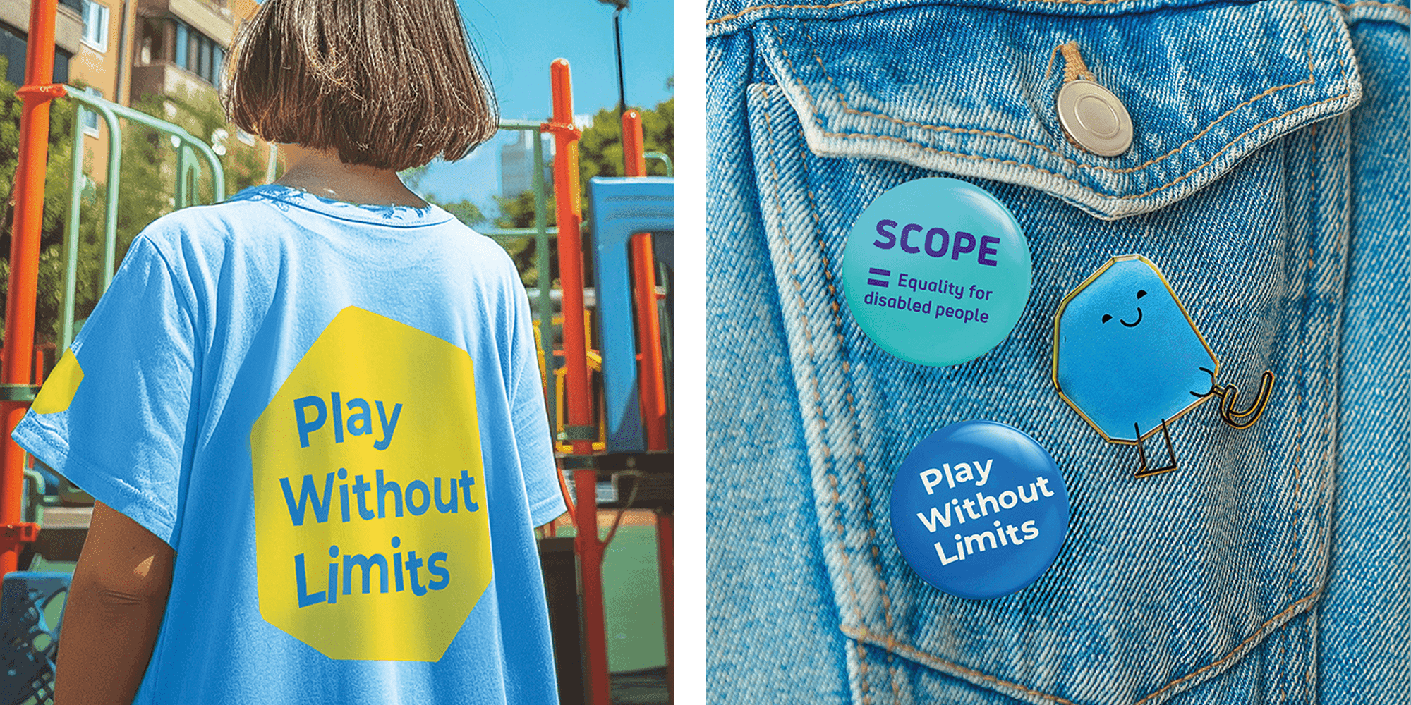 Two images, a girl wearing a t-shirt with one of the campaigns slogans “Play Without Limits” and an image of badges, one representational character badge and two other charities badges.