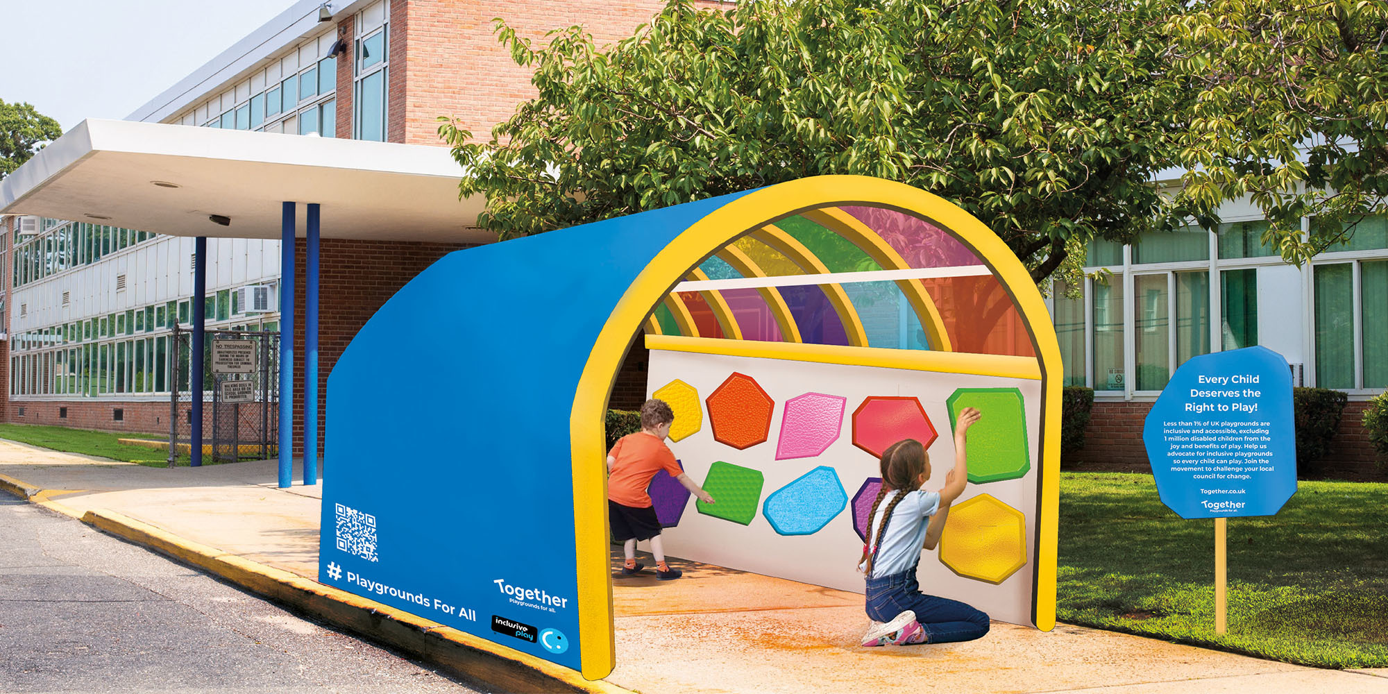 Sensory, inclusive playground equipment intervention placed outside a school.