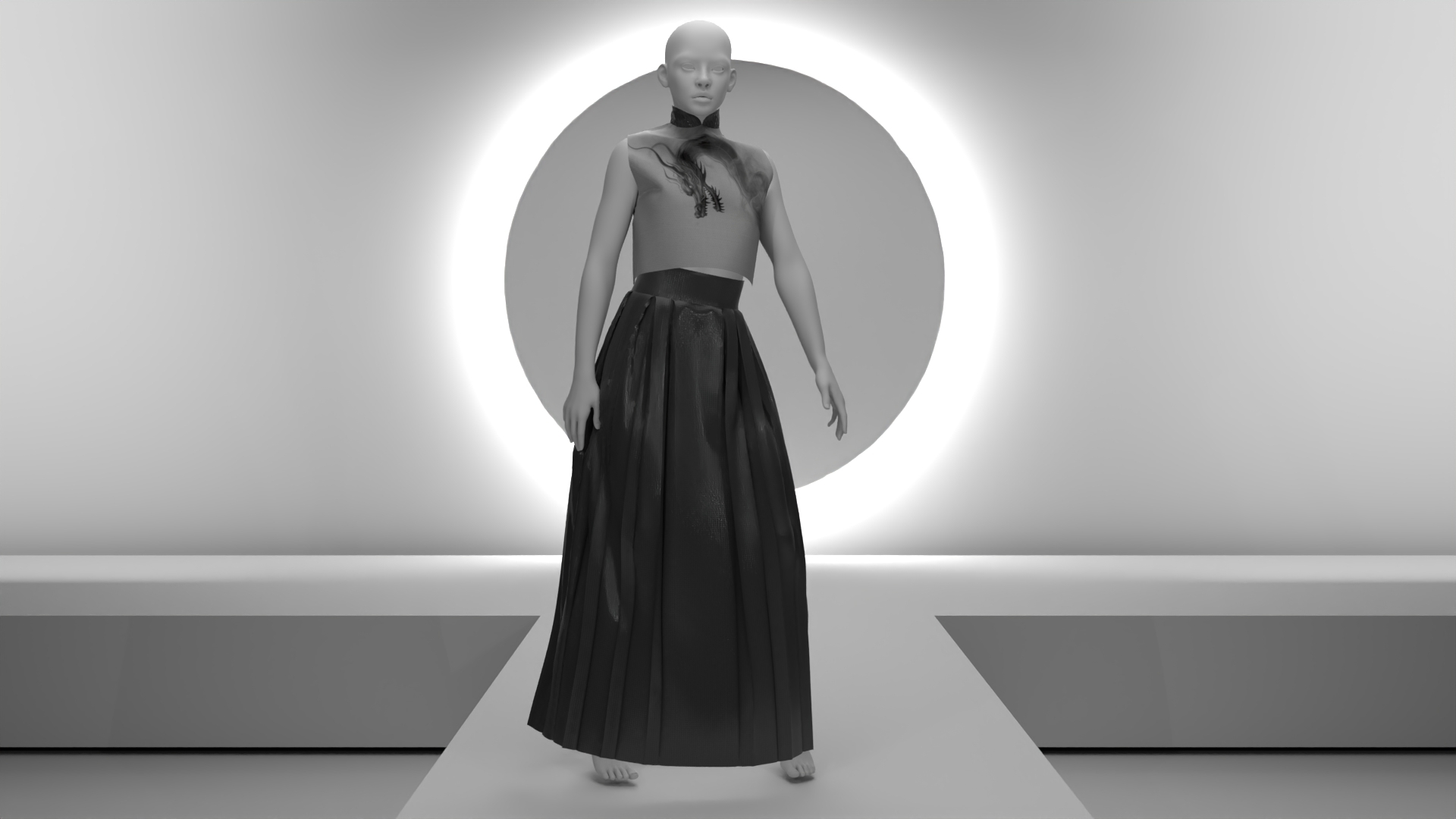 A computer-generated human figure wearing a blouse and long skirt, standing on a runway with a circular light behind them.