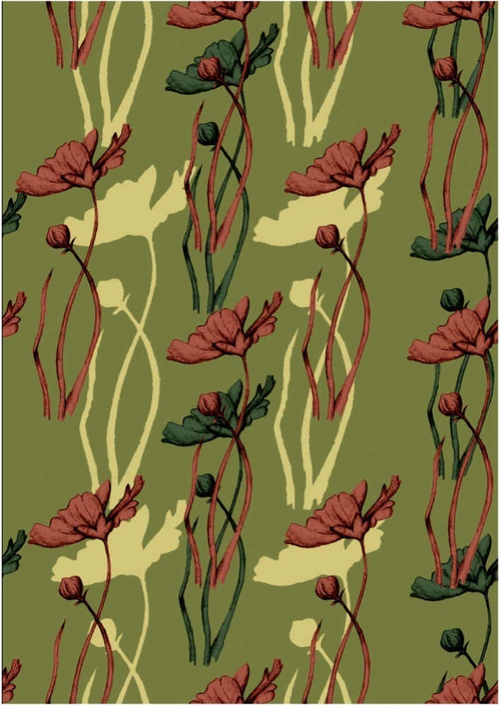 Repeated flower motif with red, green and light silhouettes on a green background.