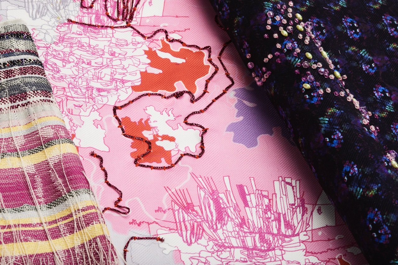 Embroidered pink patterned fabrics, textiles.