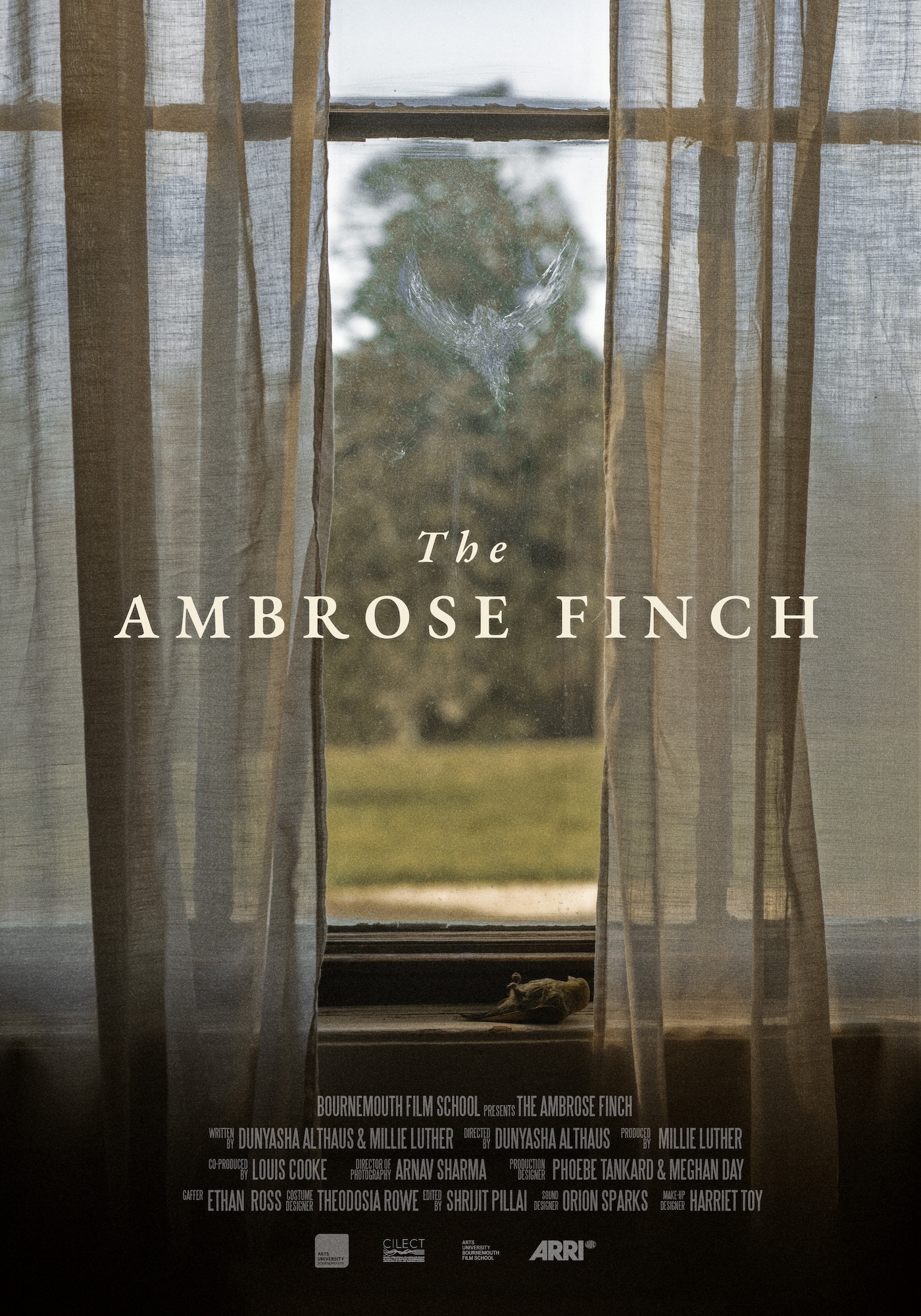 Film poster showing window with white curtains, cracked glass with bird silhouette, view of blurred garden. Title "The Ambrose Finch" in white text.