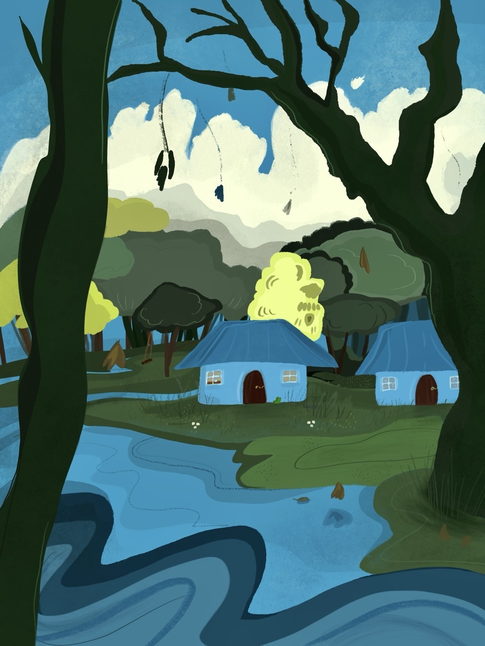 Illustration of a bayou scene with a river and blue houses surrounded by trees and a cloudy sky.
