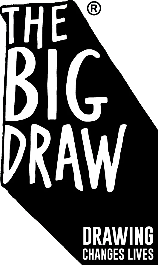 Black poster with large white hand-drawn text reading ‘THE BIG DRAW’ and smaller text ‘DRAWING CHANGES LIVES’ at the bottom.
