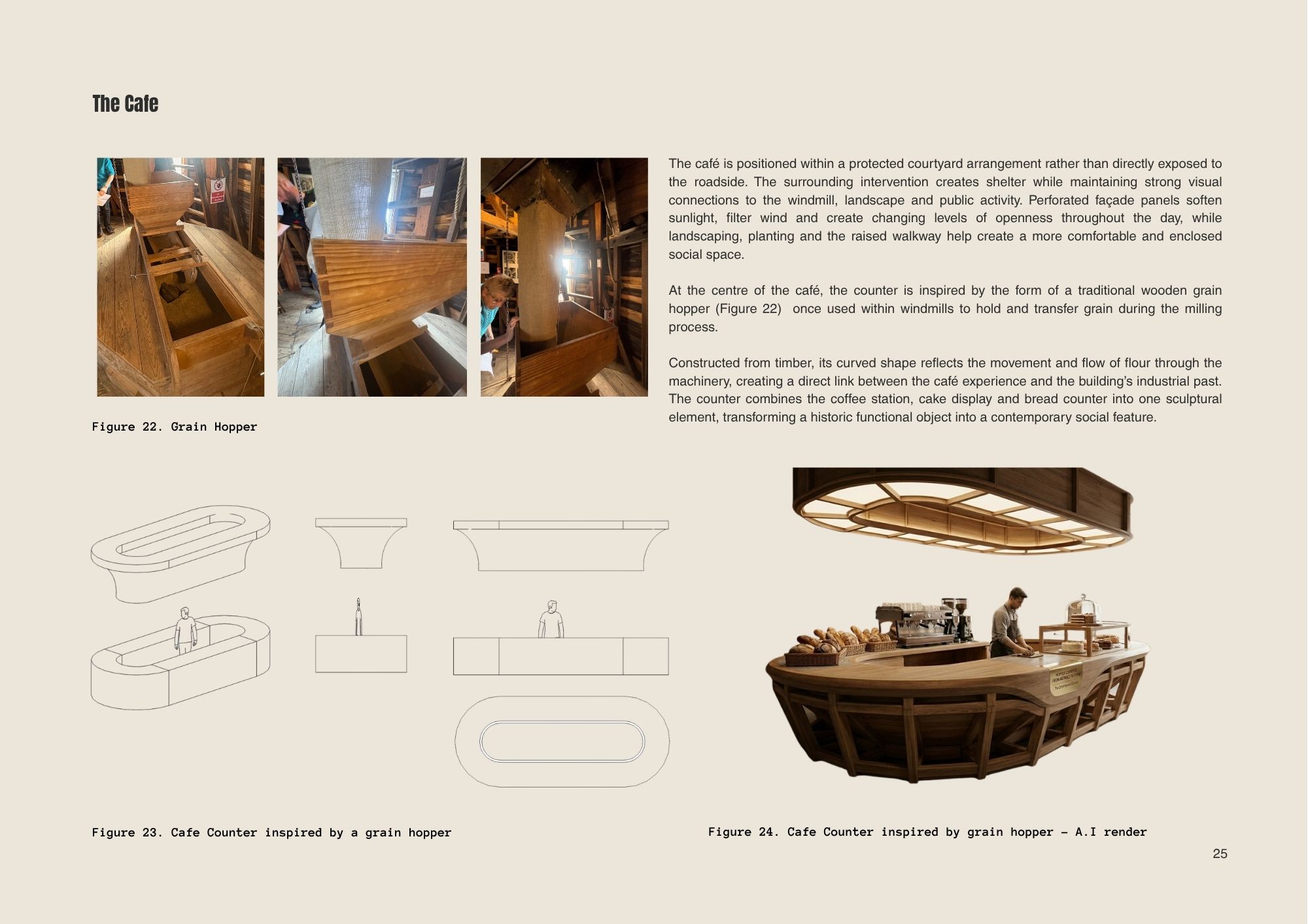 A page from a design presentation titled "The Cafe" showing three photos of a wooden café counter, line drawings of a grain hopper-inspired counter, and a rendering of the finished counter with seating in a modern interior.