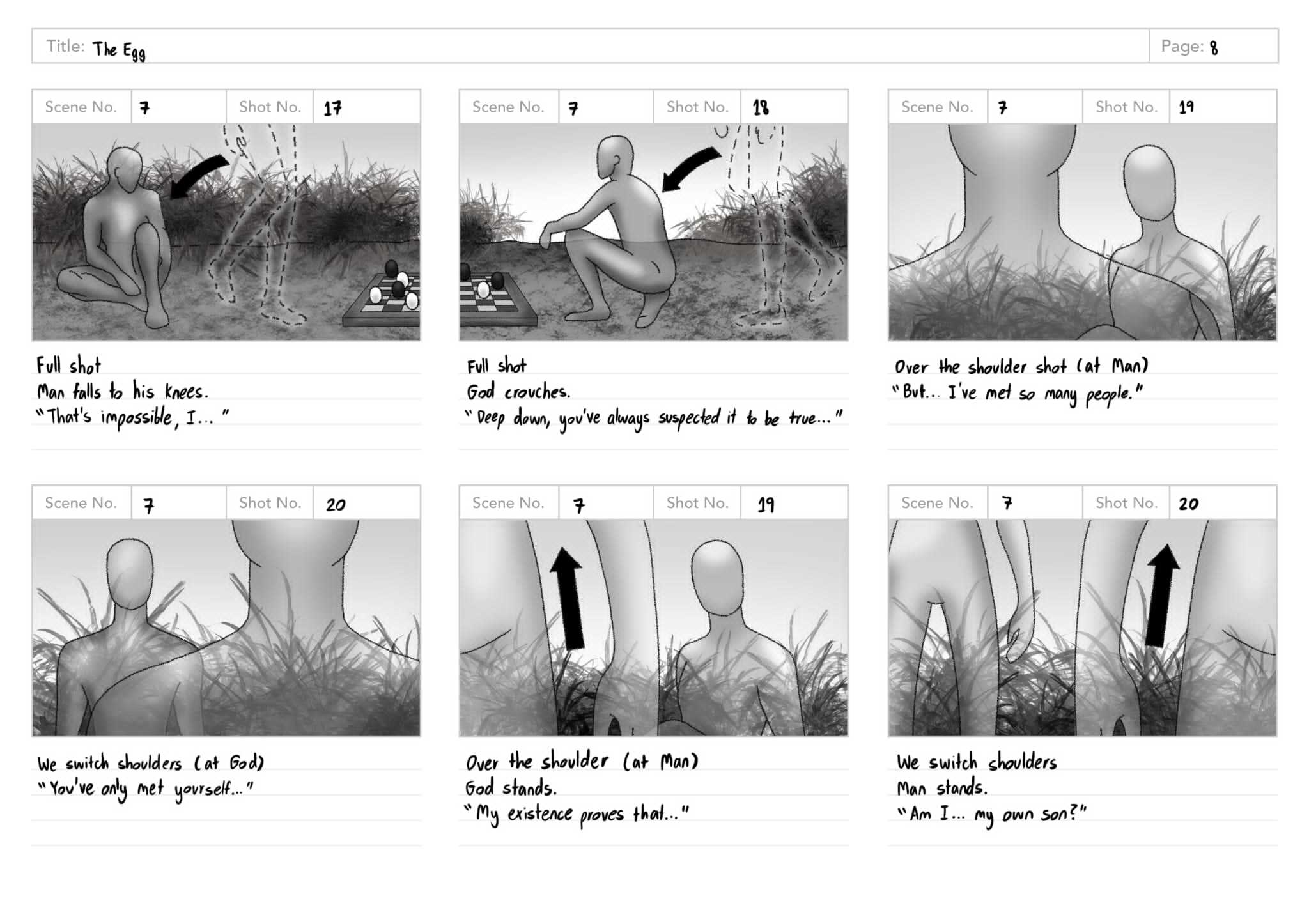 Six frames of a film's storyboard, shown as black and white computer illustrations with handwritten annotations underneath each.