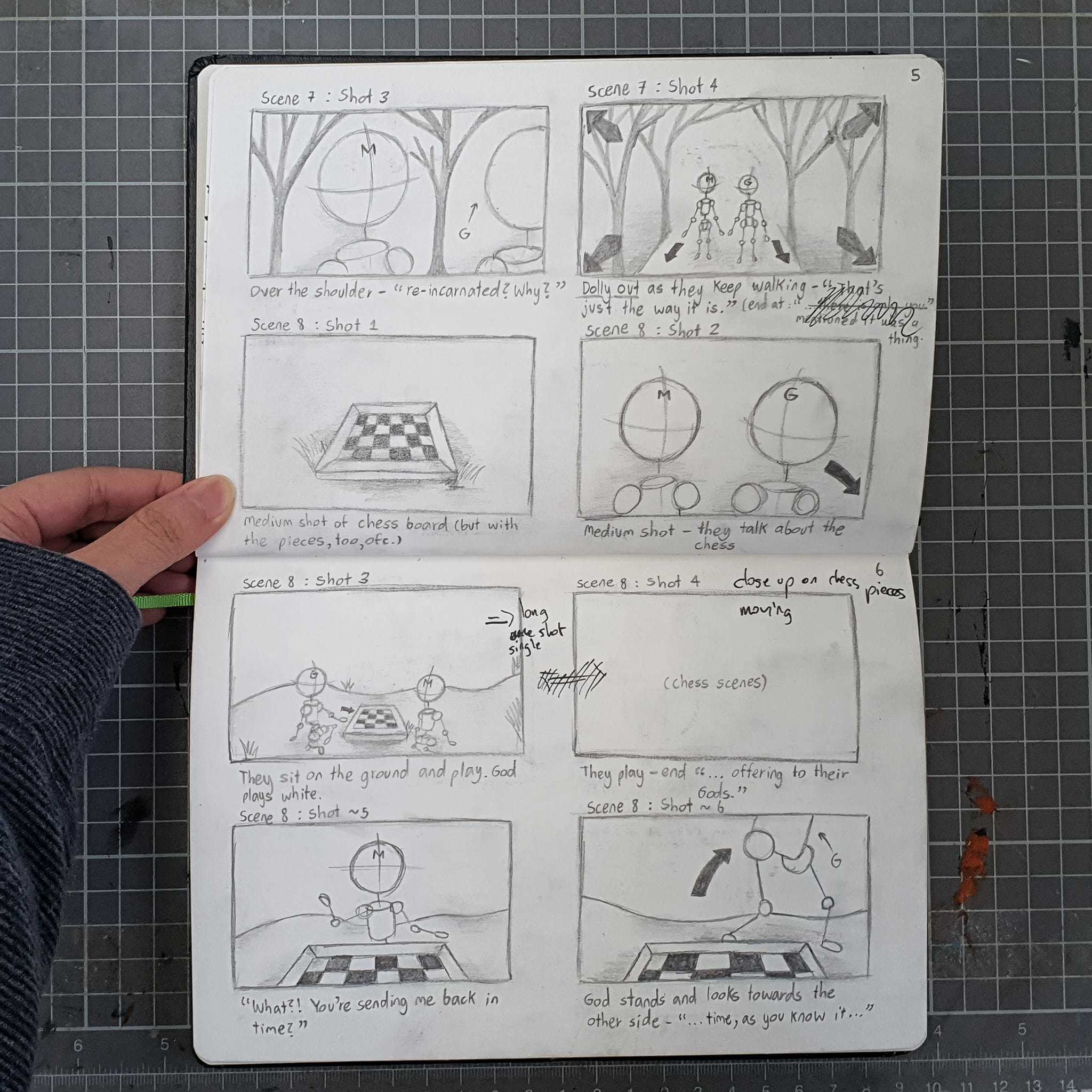 A notebook held open to show eight frames of a film's storyboard.