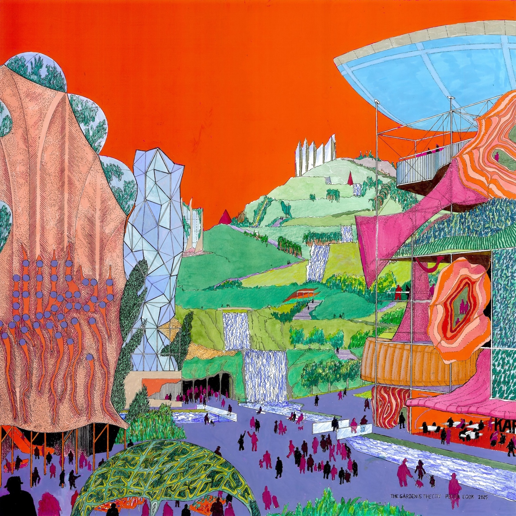 Colourful illustration with orange sky, geometric buildings in pink and blue, green hills, waterfalls, and small figures on purple ground.