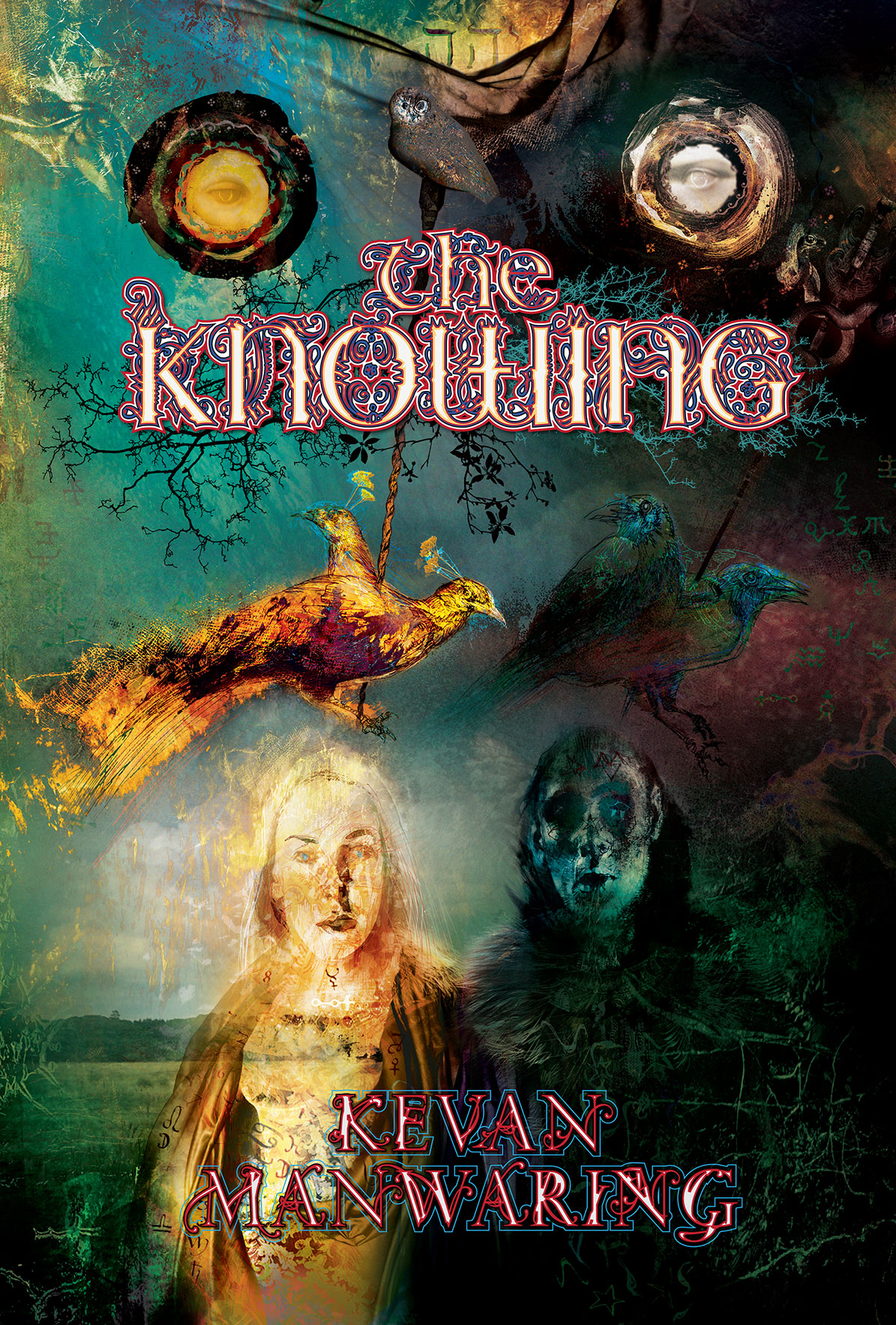 Book cover with contrasting light and dark fantasy motifs, four birds and two characters at the foot of the page. The book's title "The Knowing" appears along the top. The author's name "Kevan Manwaring" appears along the bottom.