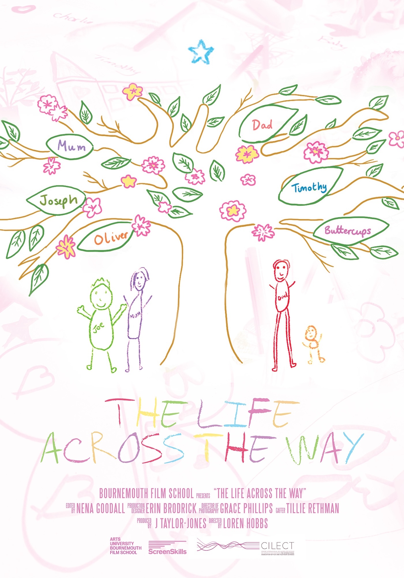 Child's drawing showing colourful family tree with brown branches, green leaves, pink flowers, and stick figures. Names in leaf shapes include Mum, Dad, Joseph, Oliver, Timothy, Buttercups.
