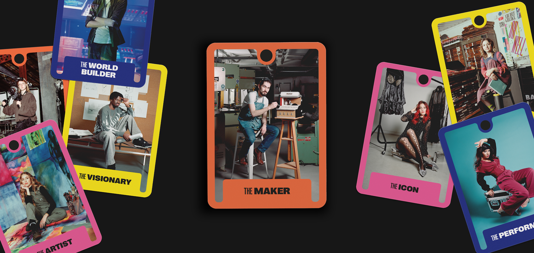 Colourful trading cards with orange, pink, yellow, and blue borders displaying various people in different settings against black background.
