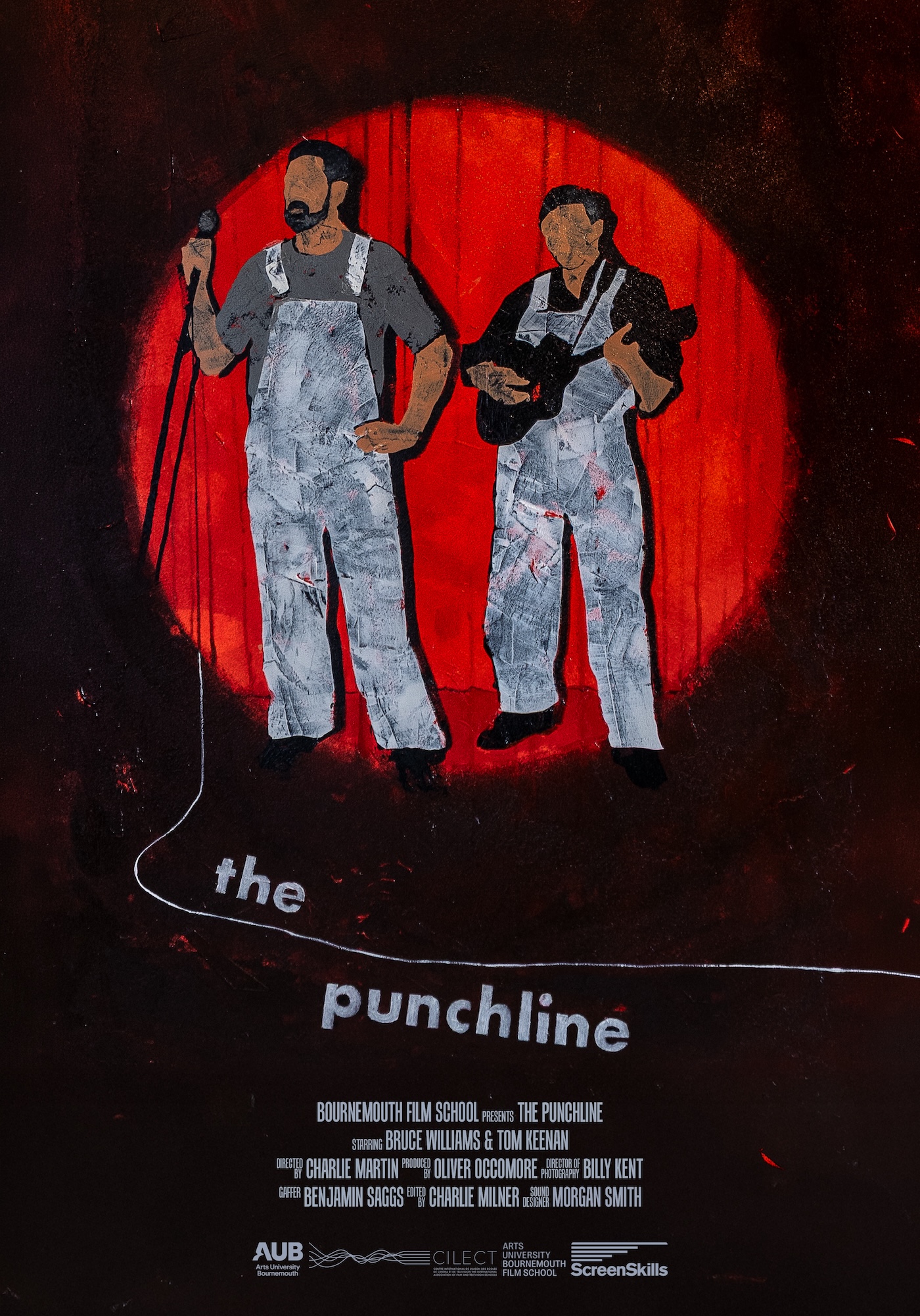 A poster for 'The Punchline' featuring two men in white overalls, one holding a microphone and the other a guitar, on a stage with a red backdrop. The text at the bottom includes credits for the film school, director, and production details.