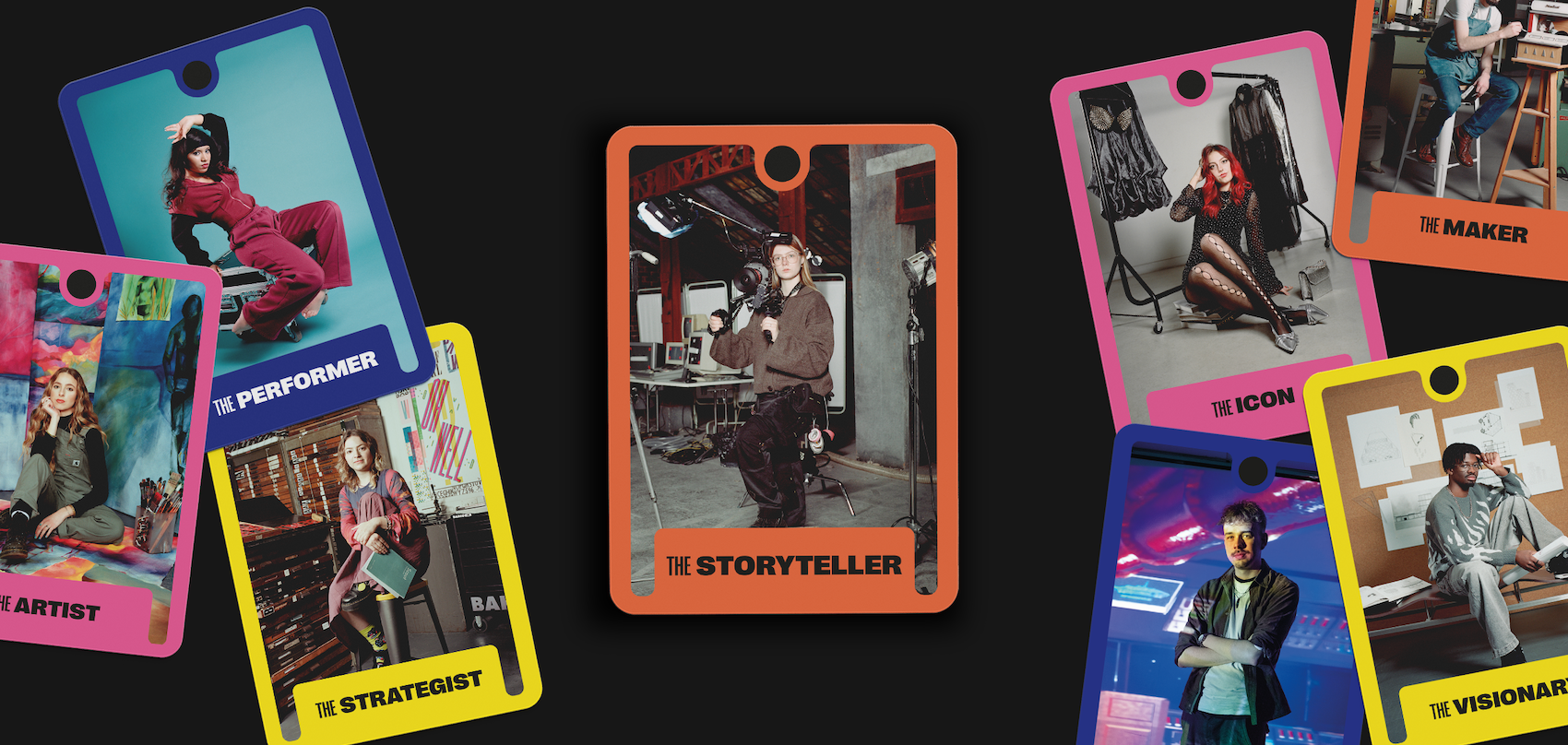 Colourful tarot-style cards with bright borders in pink, orange, yellow, and blue displaying various portrait photographs on black background.