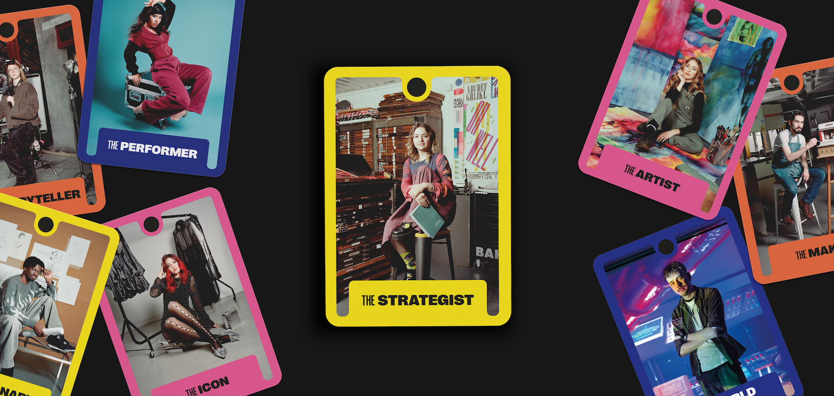 Colourful tarot-style cards scattered on black background, featuring yellow, pink, blue, and orange borders with character portraits.