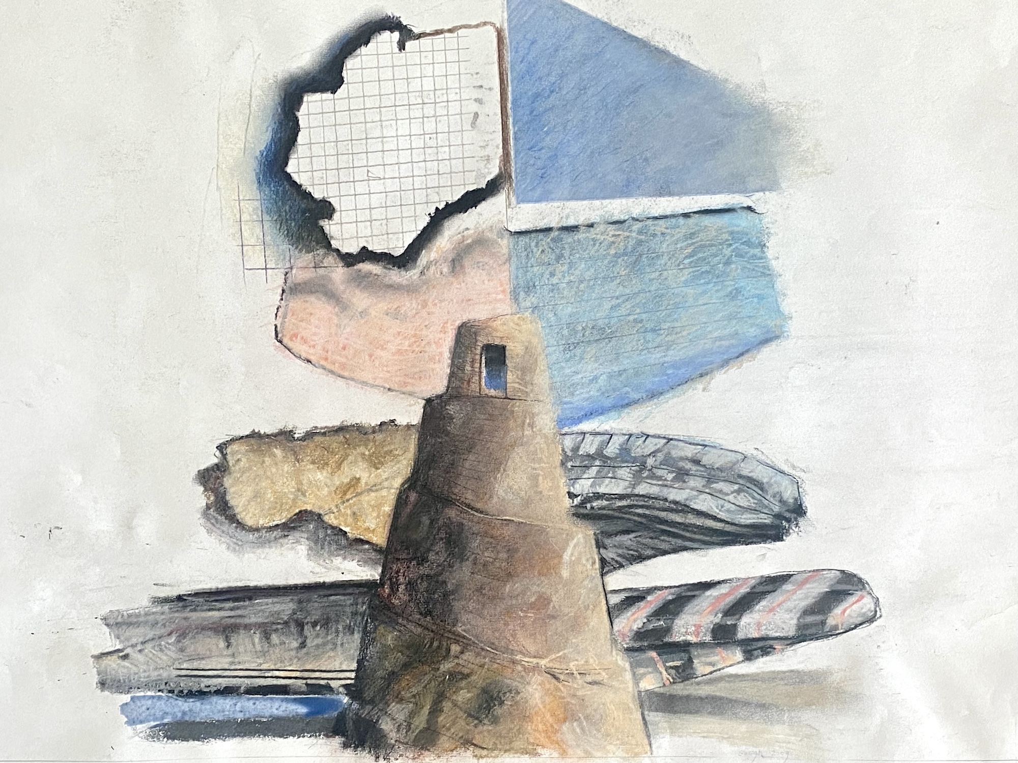 Painting of a spiralling conical formation with a door at the top, with different abstract land or map-like shapes in the background.