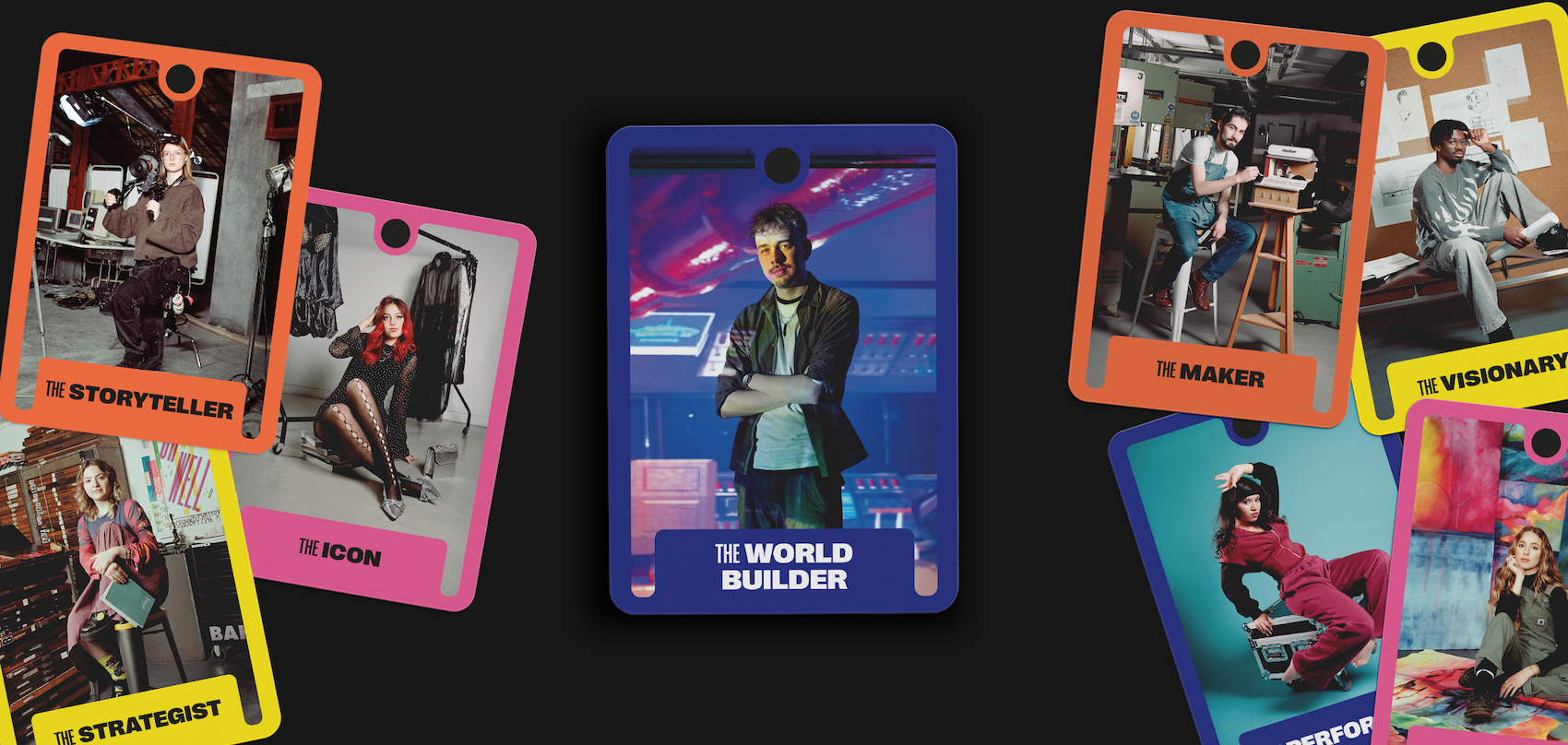 Collection of colourful character cards with orange, pink, yellow, and blue borders featuring people in various poses and settings.