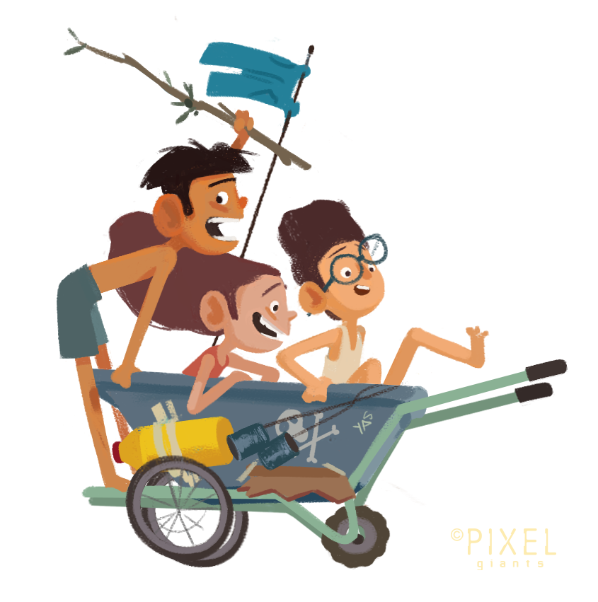 Illustration of three children in a wheelbarrow.