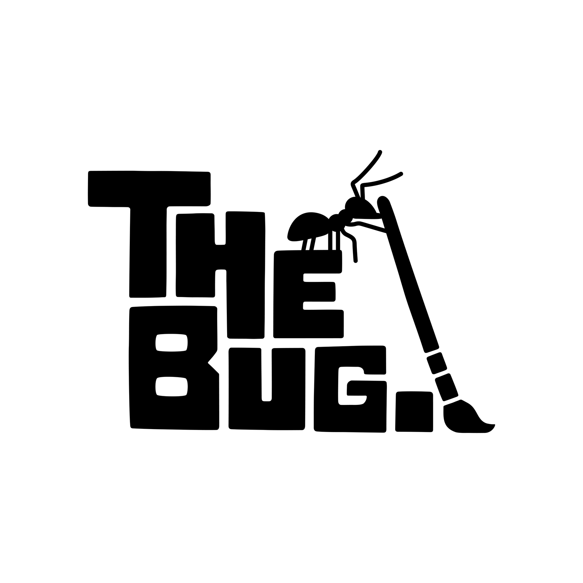 Logo for TheBUG, showing text in a blocky style reading "THE BUG." with an ant on top of the "E" holding a paintbrush.