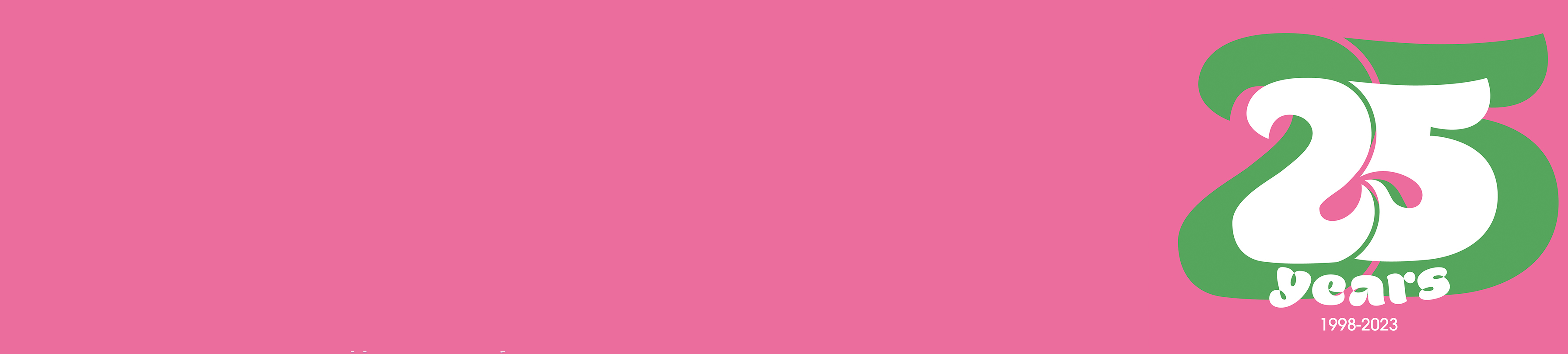 Pink banner with white text reading "25 years 1998-2023" on the right
