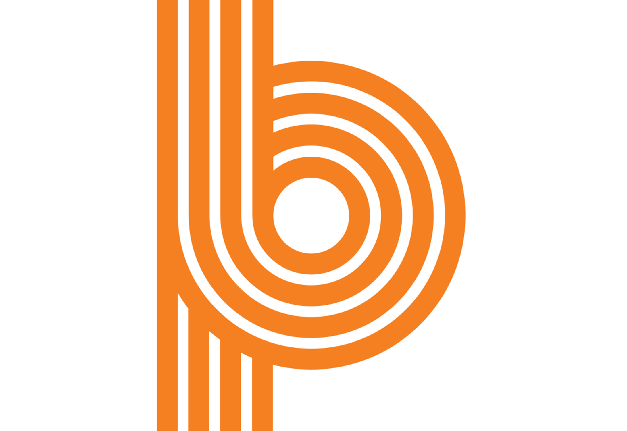 Orange loop logo on a white banner for the Then and Now exhibition.
