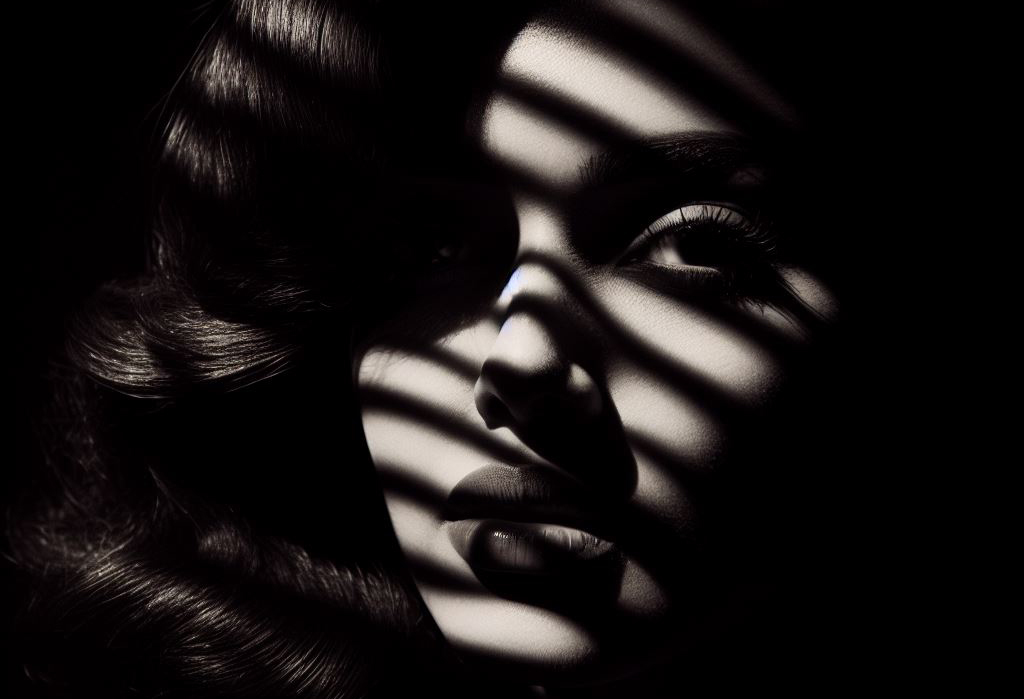 Black and white close-up of a woman's face, with the shadow of blinds on it.
