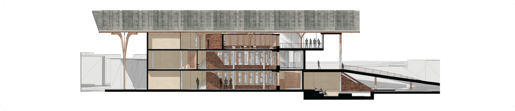 End-to-end cross-section drawing of a three-storey building. People are shown as silhouettes on each floor.