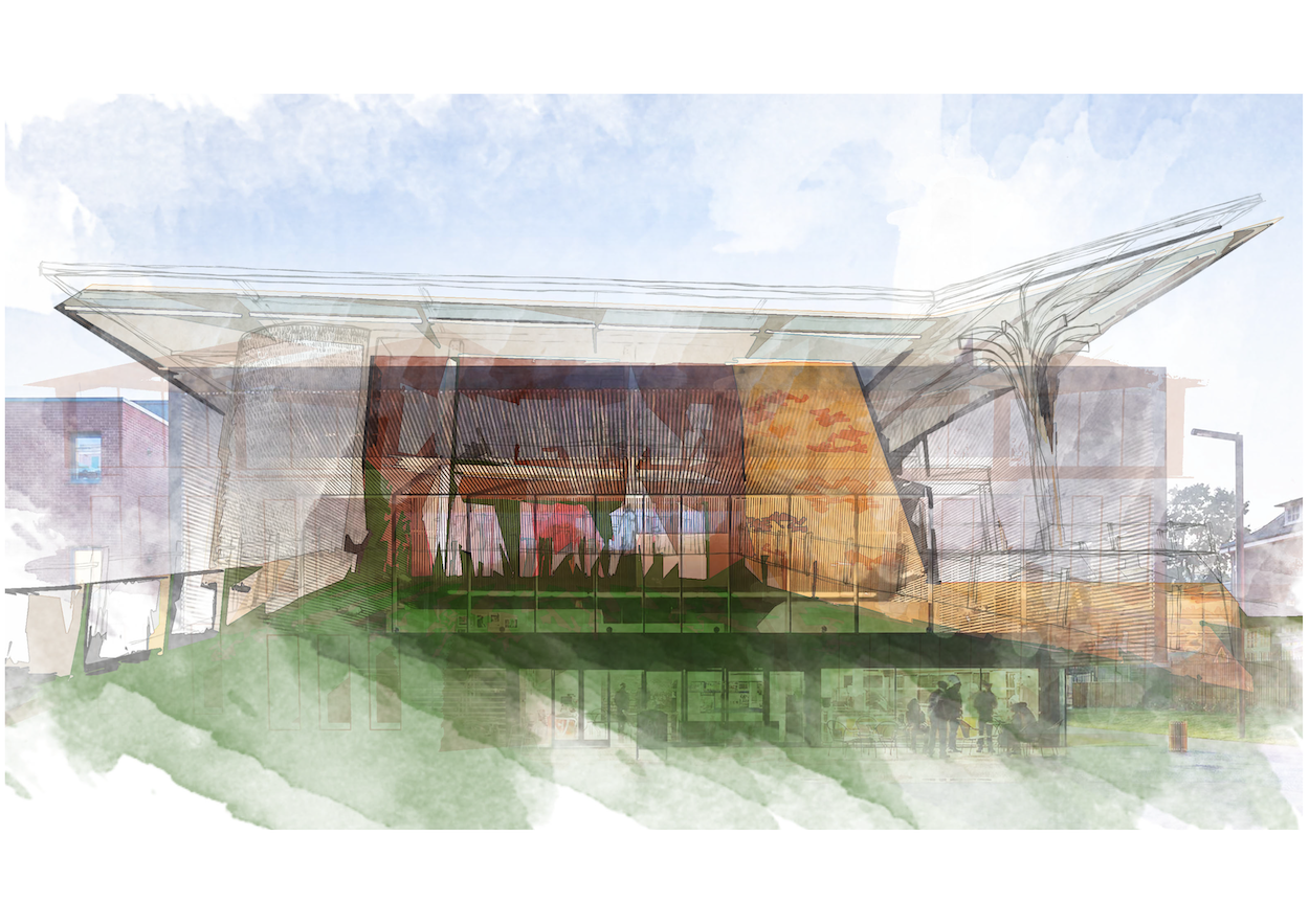 Watercolour-style concept sketch of a multi-storey building.