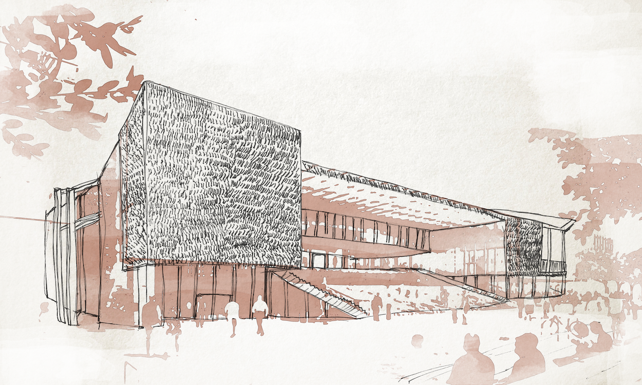 Pencil and watercolour-style conceptual sketch of a large building, with people milling around outside.