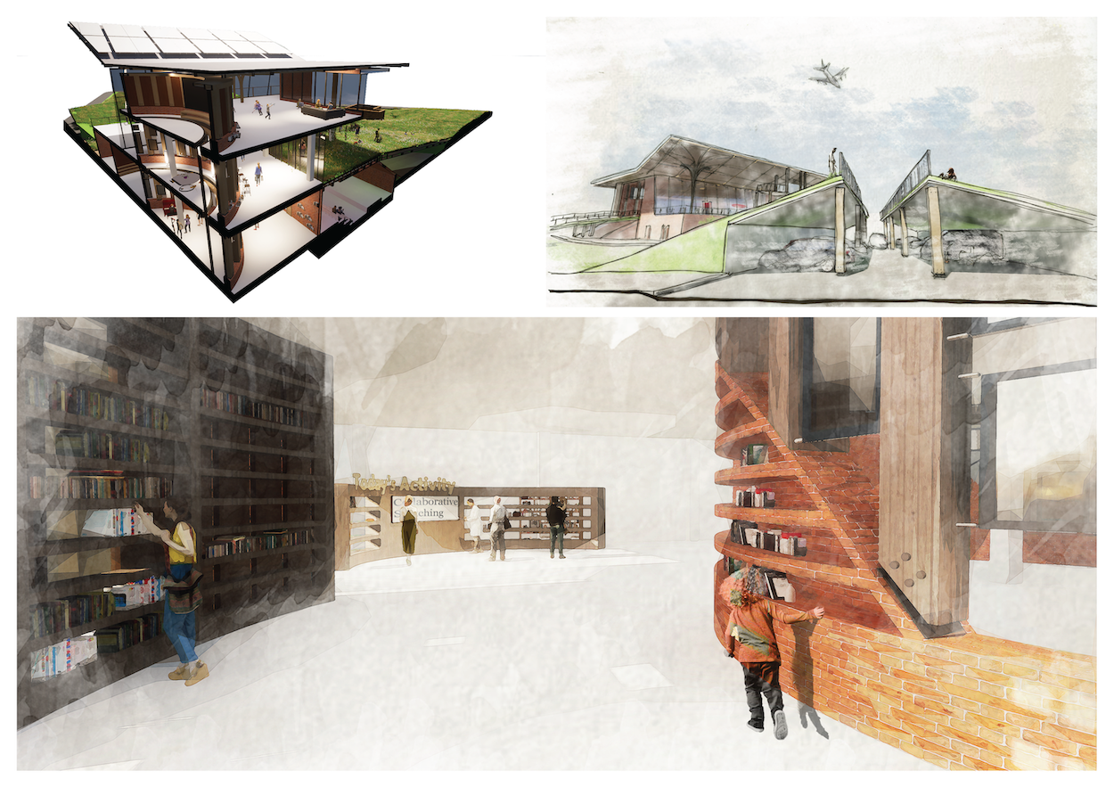 Two images next to each other along the top of the page, one larger image on the bottom. Top-left image, a three-storey building and surrounding lawn with each floor shown from a corner. Top-right image, watercolour sketch of a large multi-storey building complex with cloudy sky in the background. Bottom image, watercolour sketch of people interacting in a library or bookshop-like space.