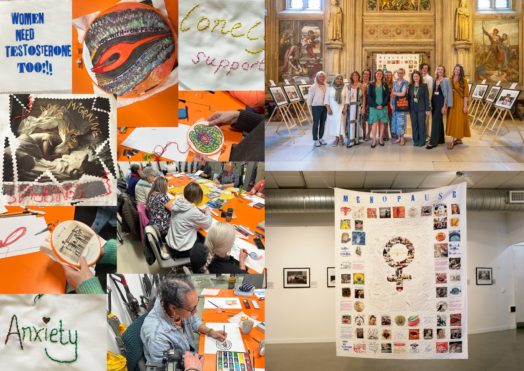 A collage of women’s art and protest posters, with workshop participants around orange tables and a large hanging banner in a gallery space.