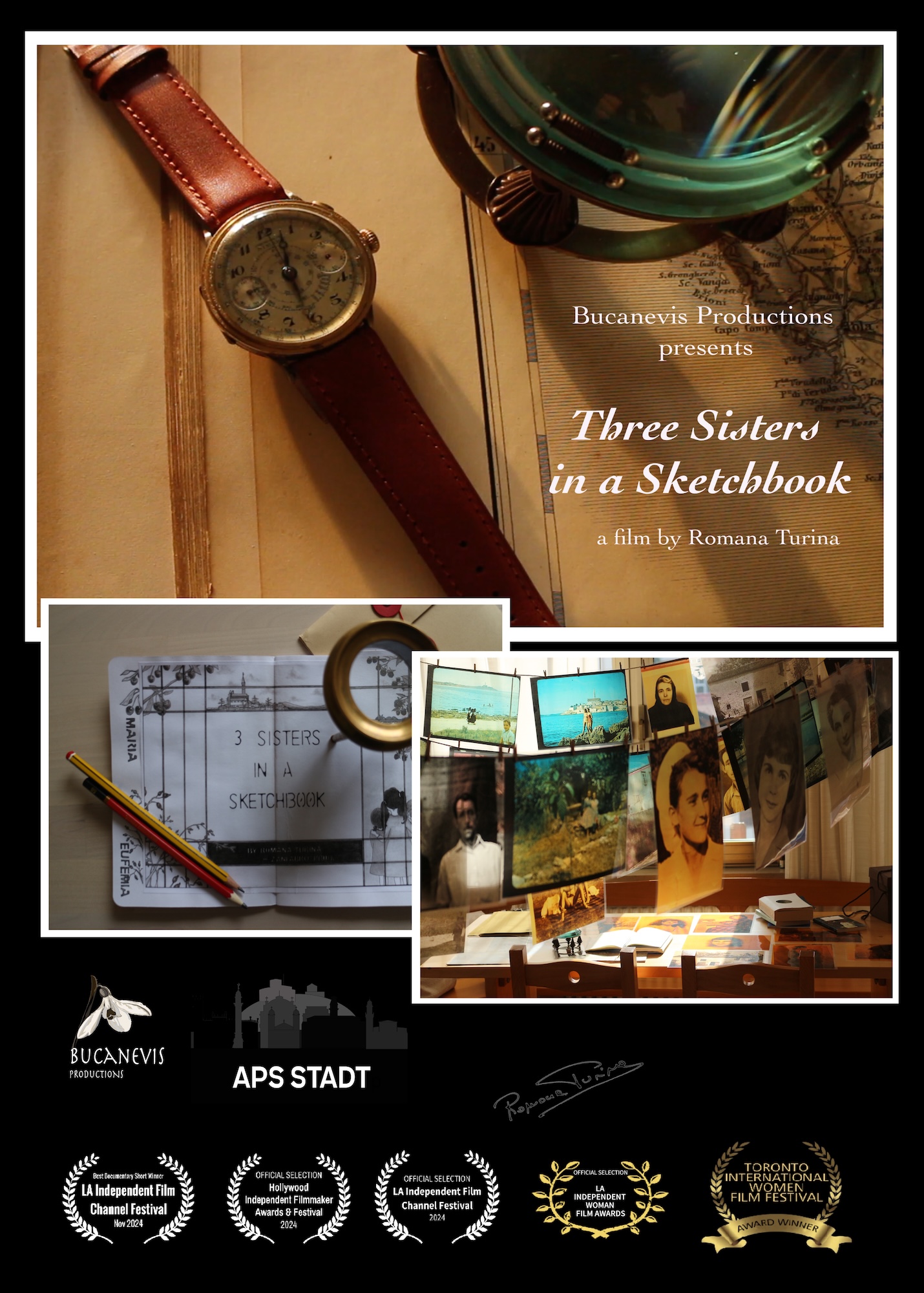 Film poster showing a wristwatch, a selection of archival photographs hanging on racks, and a piece of paper on a desk with text reading "Three Sisters in a Sketchbook".