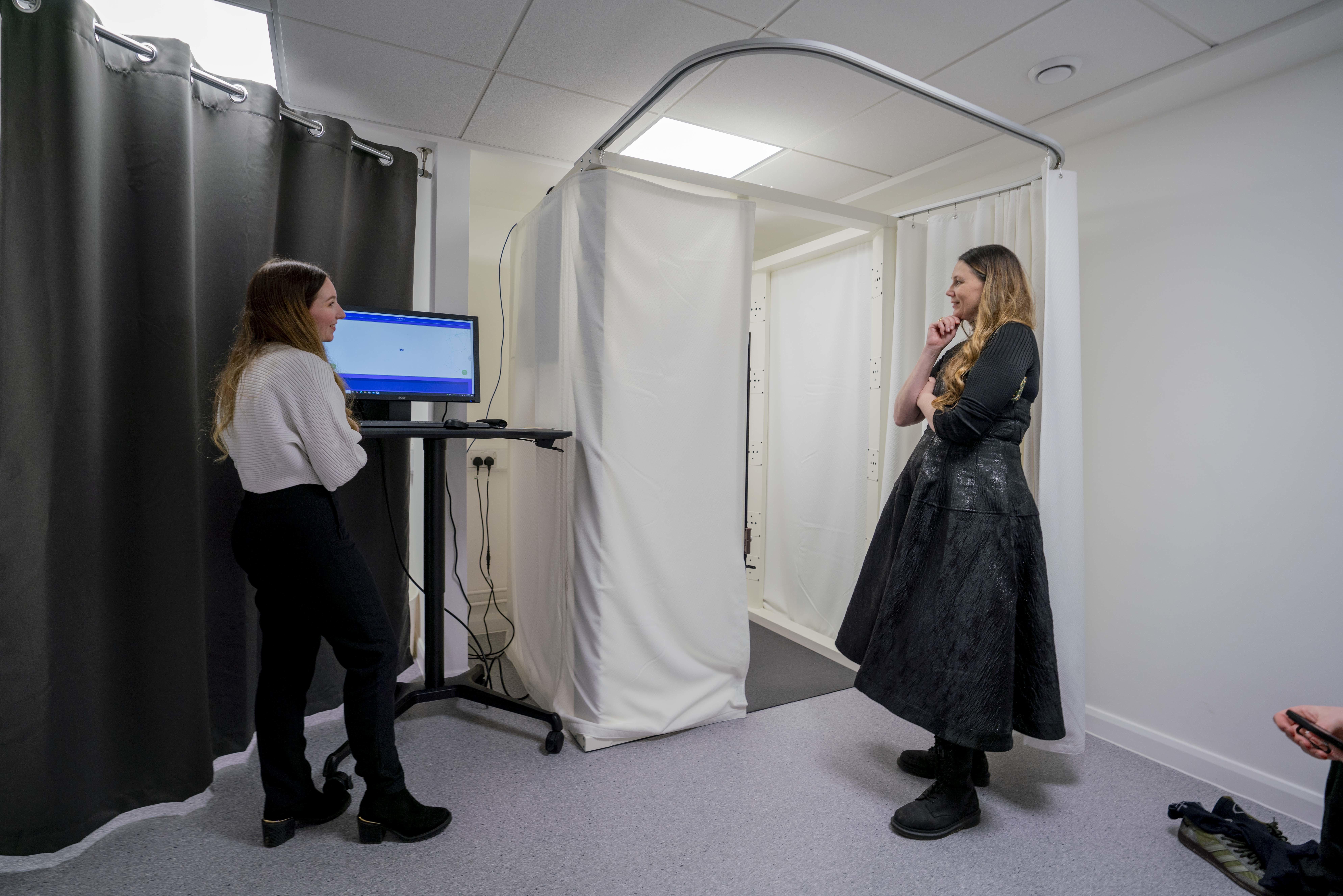K Gibson and P Norman in the 3D Body Scanning suite at the Innovation Studio, Arts University Bournemouth