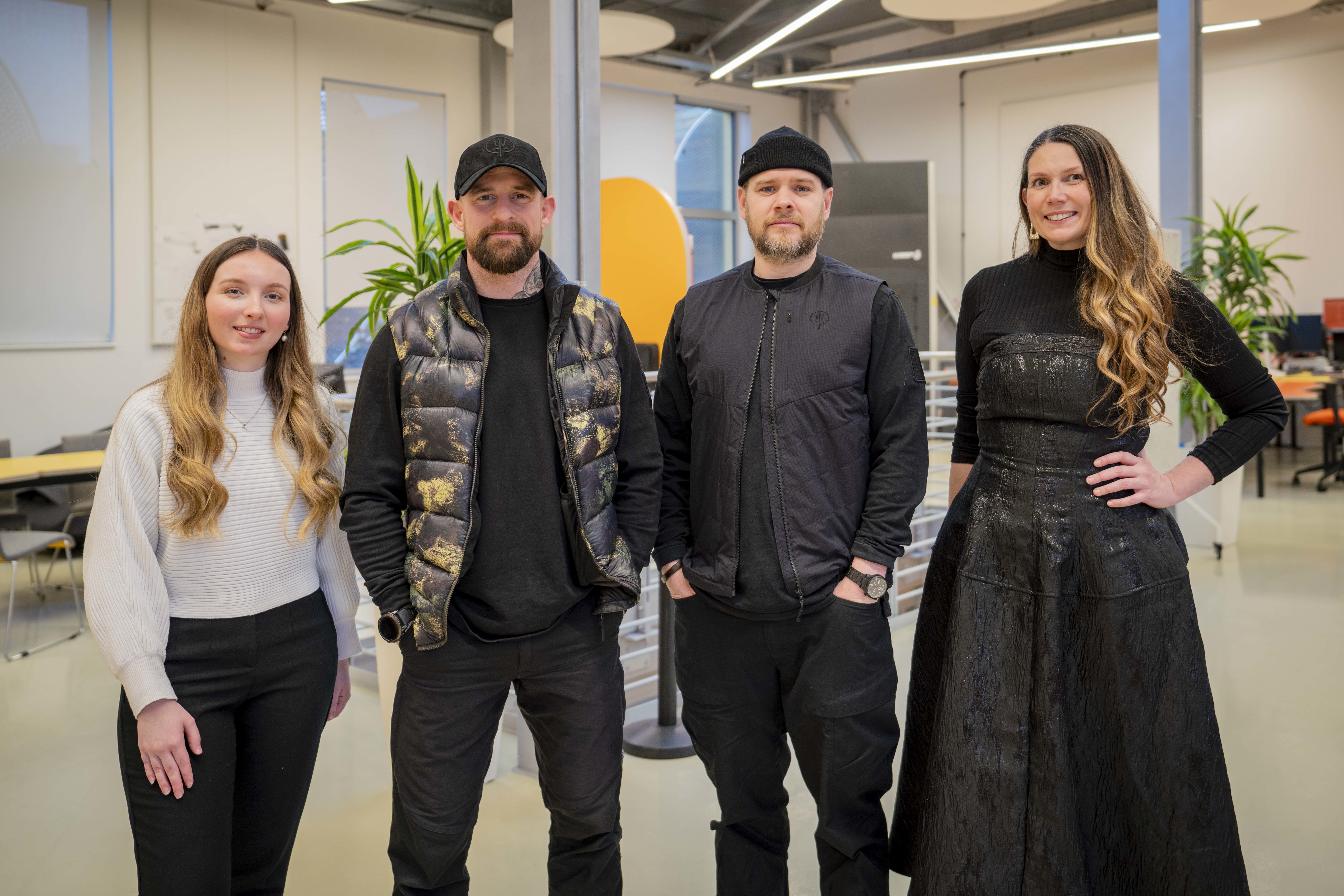 K Gibson and P Norman with two members of the ThruDark team, posing for a photo at the Innovation Studio, Arts University Bournemouth