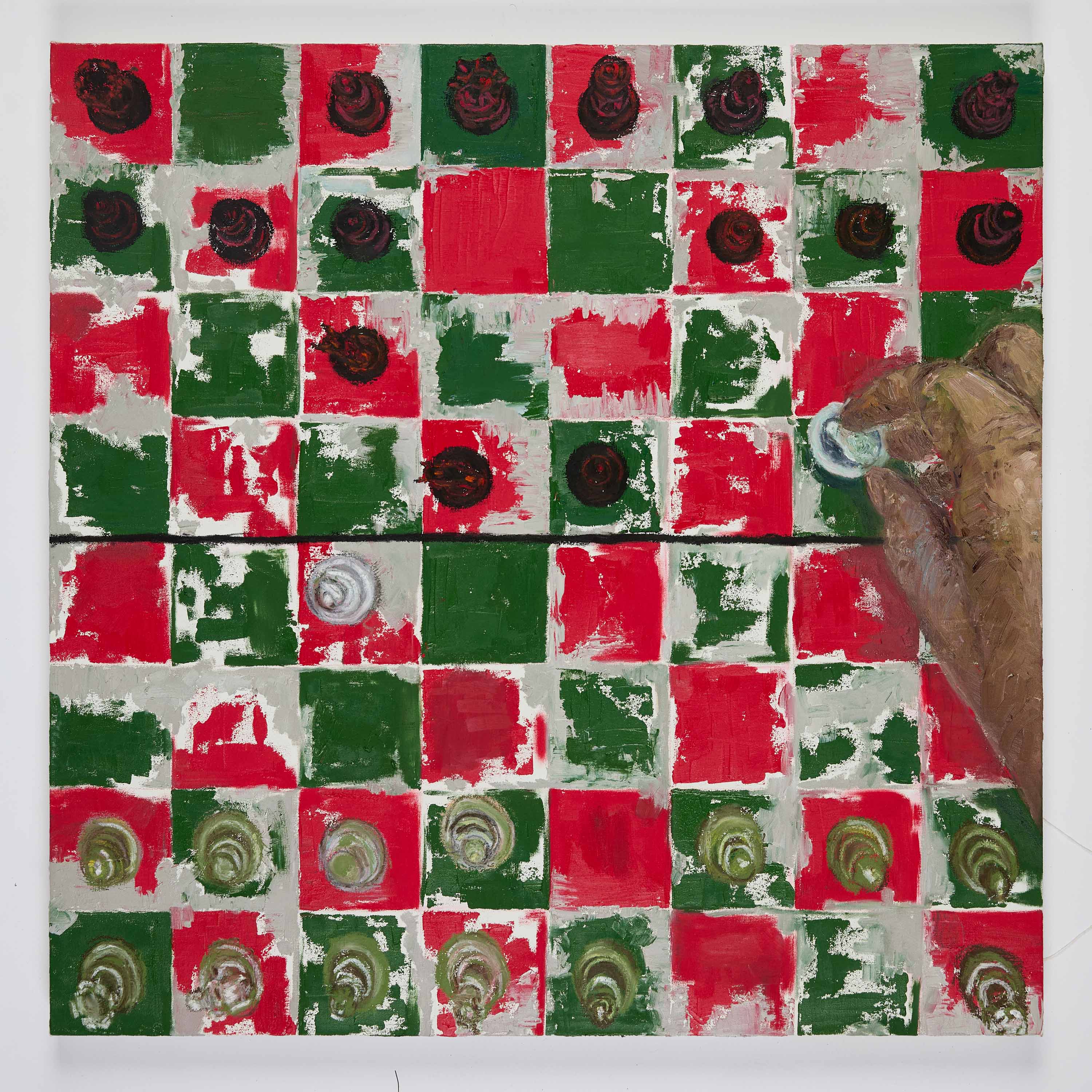 A close-up view of a painted checkers board with alternating red and green squares. A hand reaches over the board, poised to move a light-coloured checker piece, while several other pieces are positioned on the board.