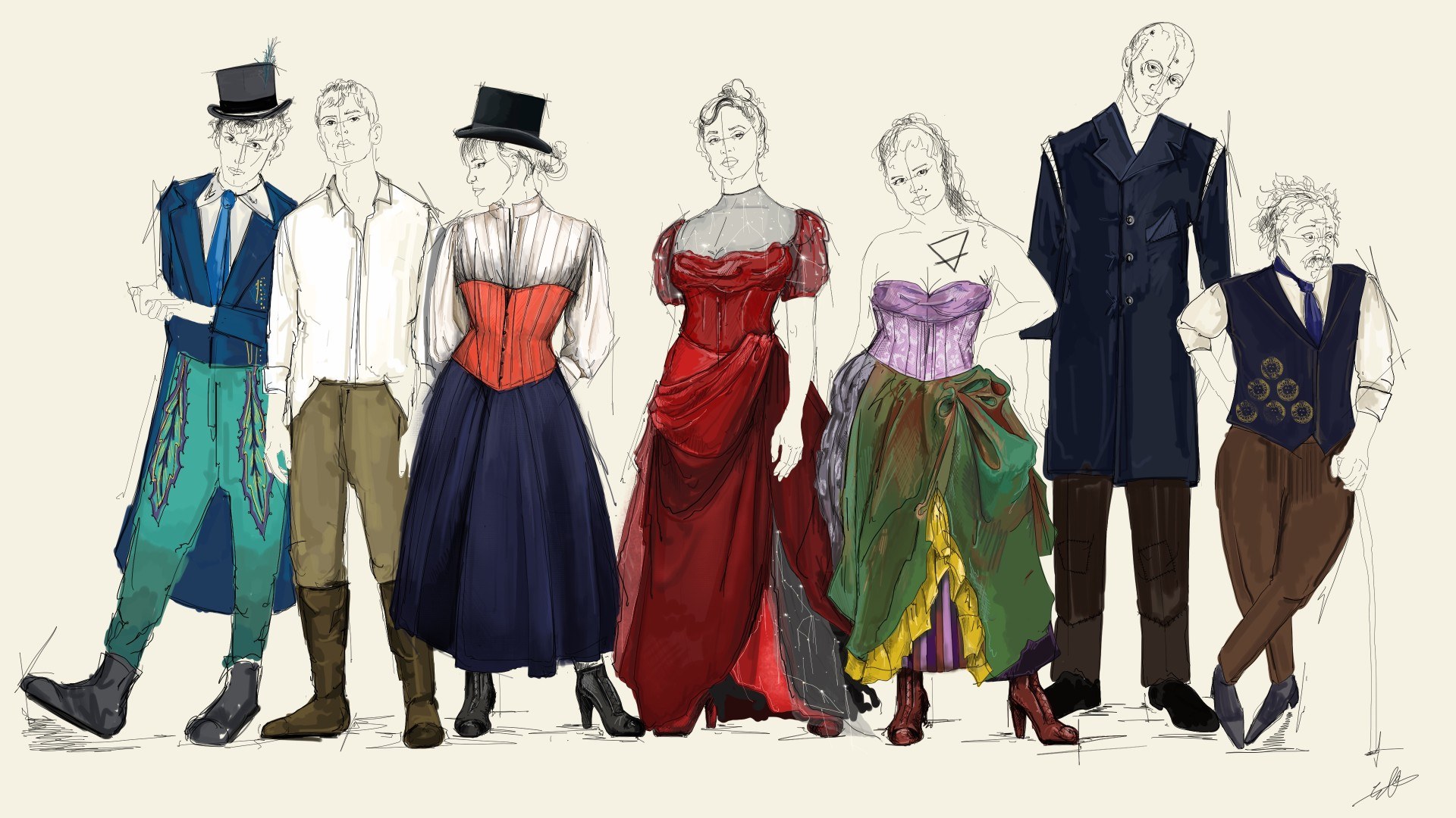 Sketches of a line of seven people in different 19th Century-style costumes.