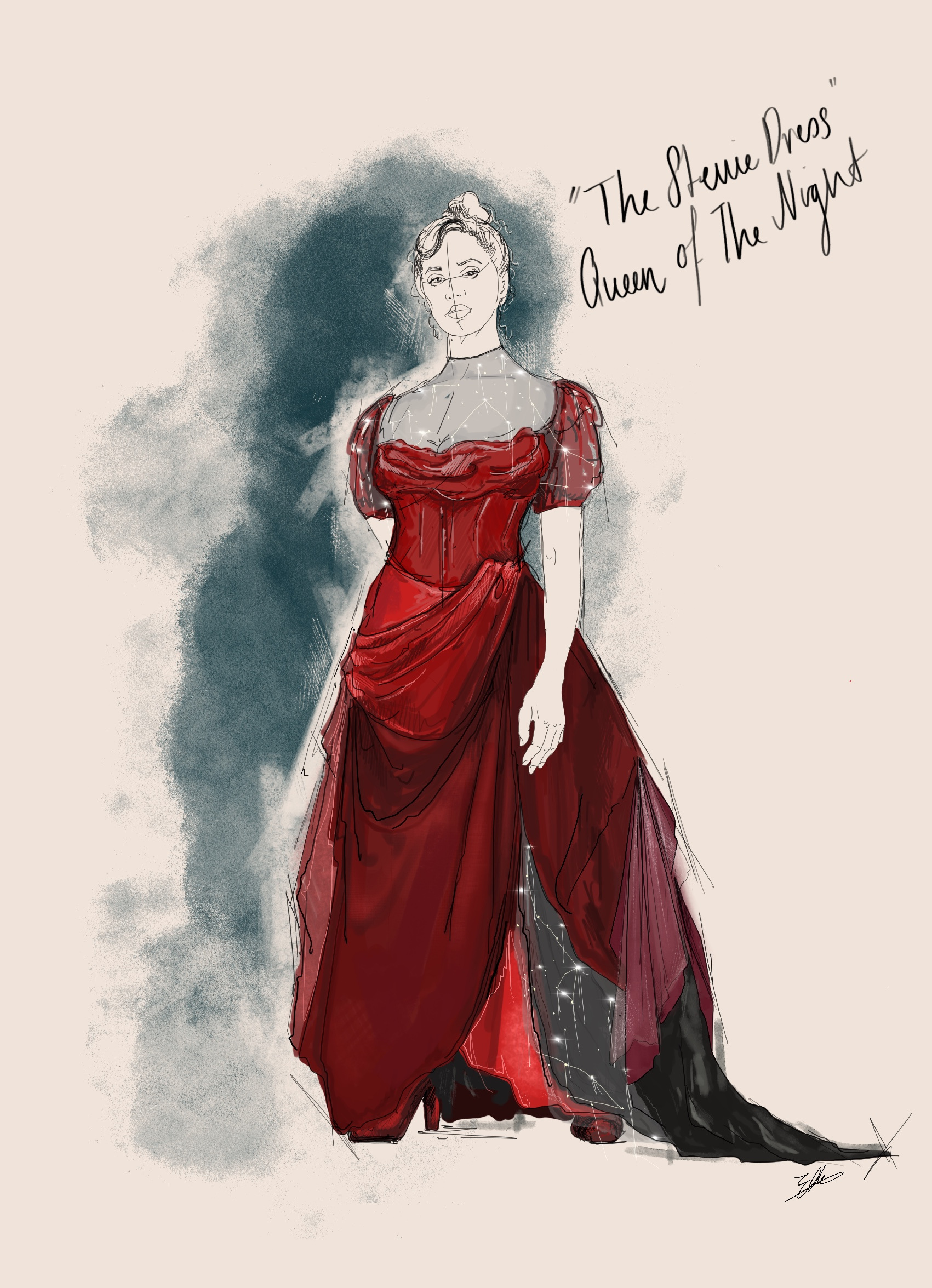 Sketch of a person wearing an elegant dress. Handwritten text appears on the top-right saying, "The Stevie Dress Queen of the Night".
