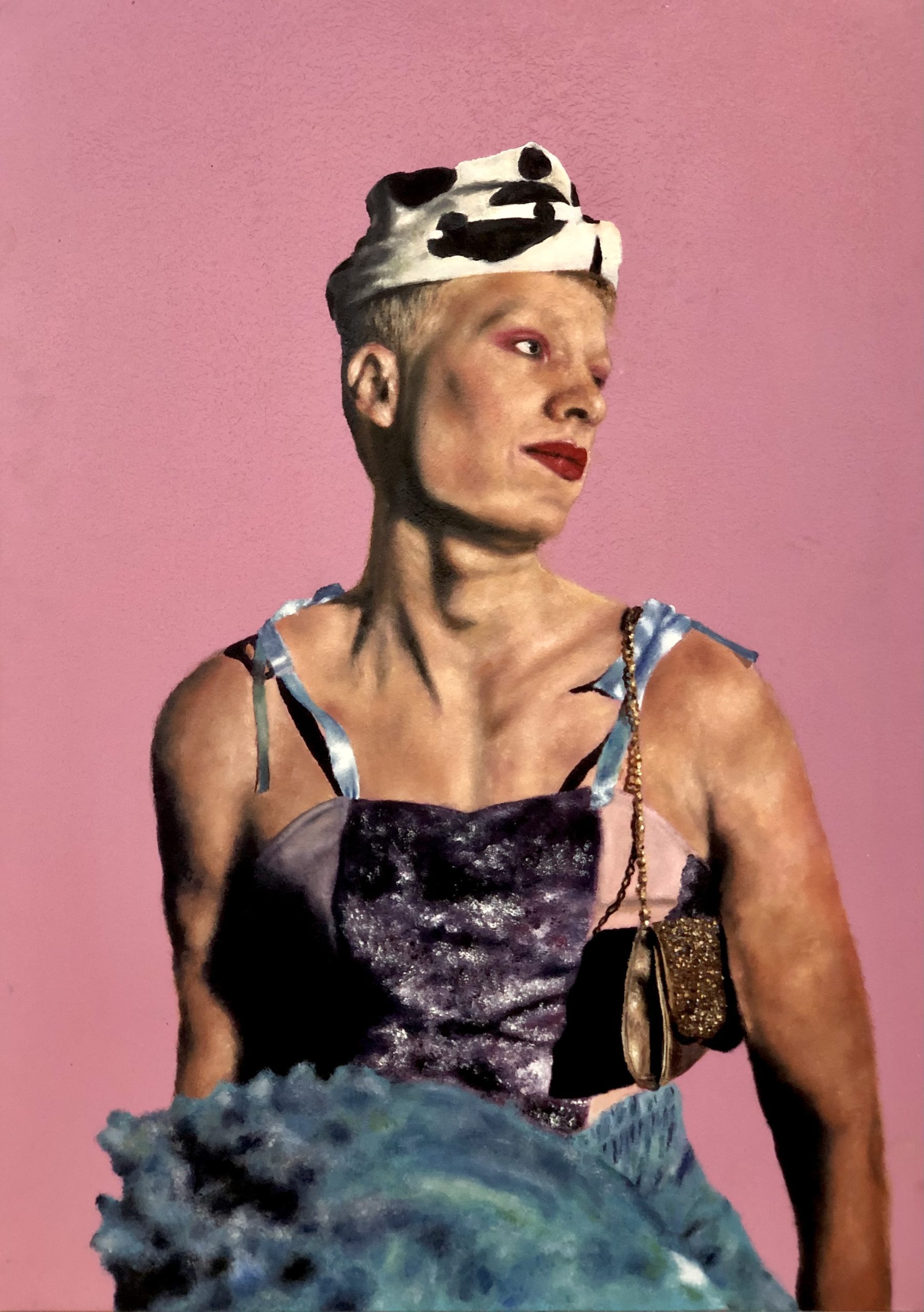 Portrait of person wearing black and white cow-print hat, purple sequined top with straps, holding small purse. Pink background.