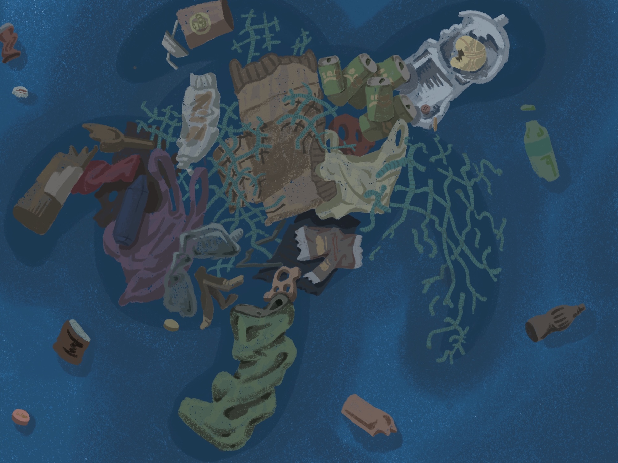 A cluster of mixed plastic waste and marine debris on a blue background, including bottles, wrappers and packaging fragments.