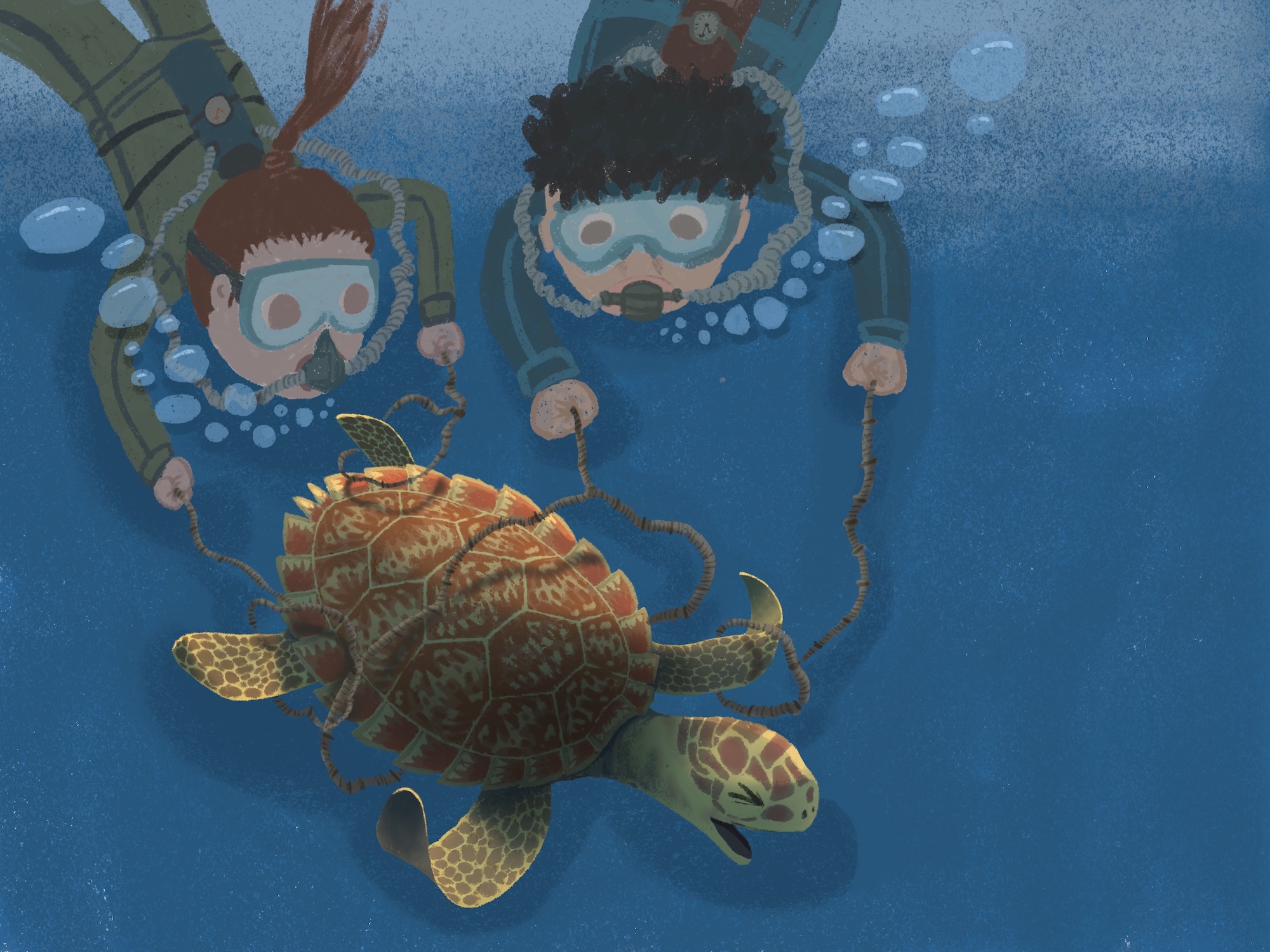 Two snorkellers in masks and wetsuits watch a patterned sea turtle swimming in blue water, with bubbles rising around them.