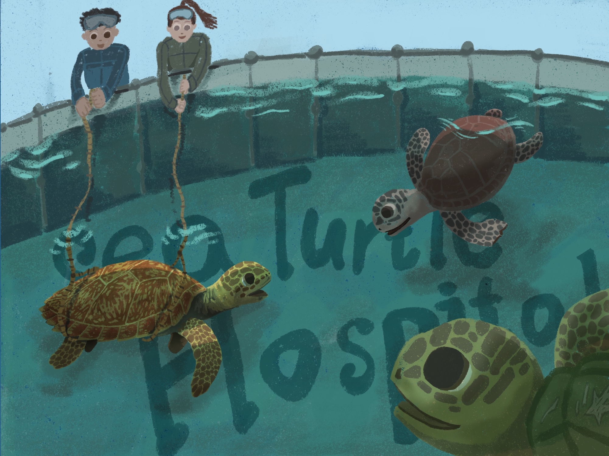 Two children sit on the edge of a pool holding ropes, with several sea turtles swimming below in blue water.