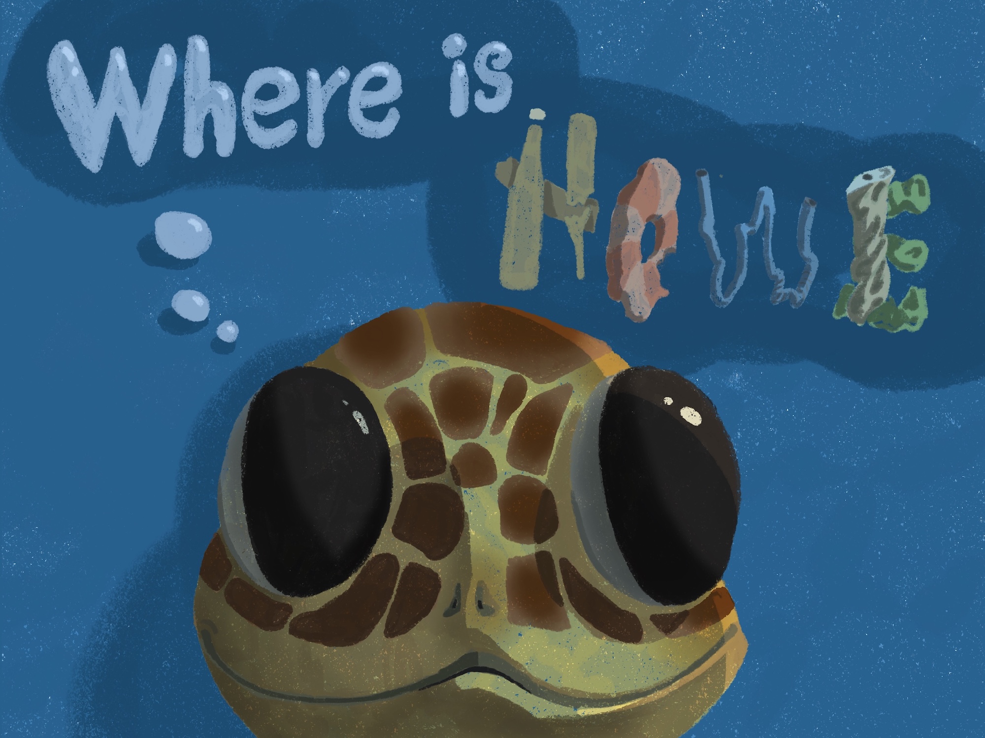 A close-up illustration of a turtle’s face looking up at the words 'Where is Nemo?' on a blue background.
