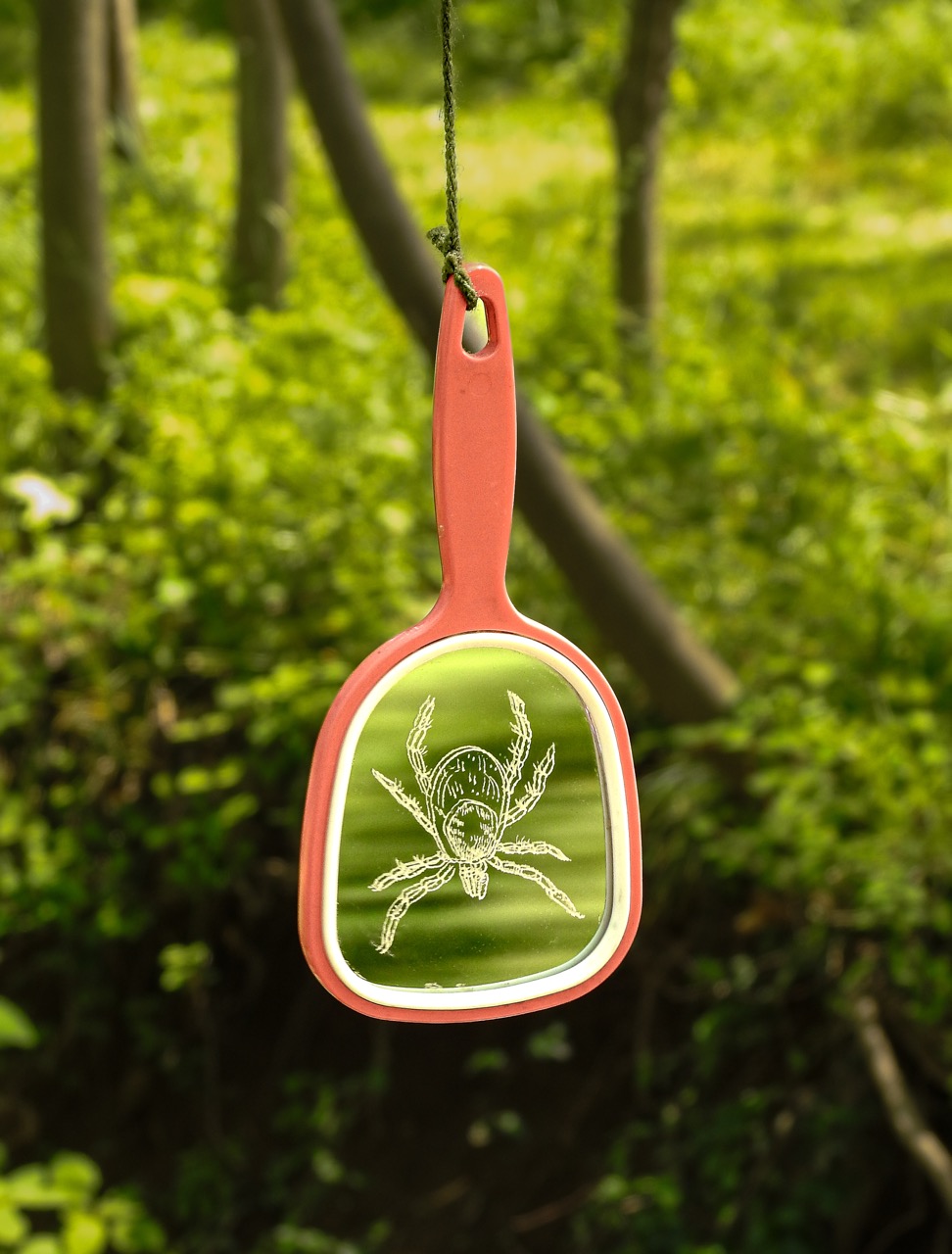 A red mirror hangs from a cord in front of green foliage, with a spider illustration on its centre panel.