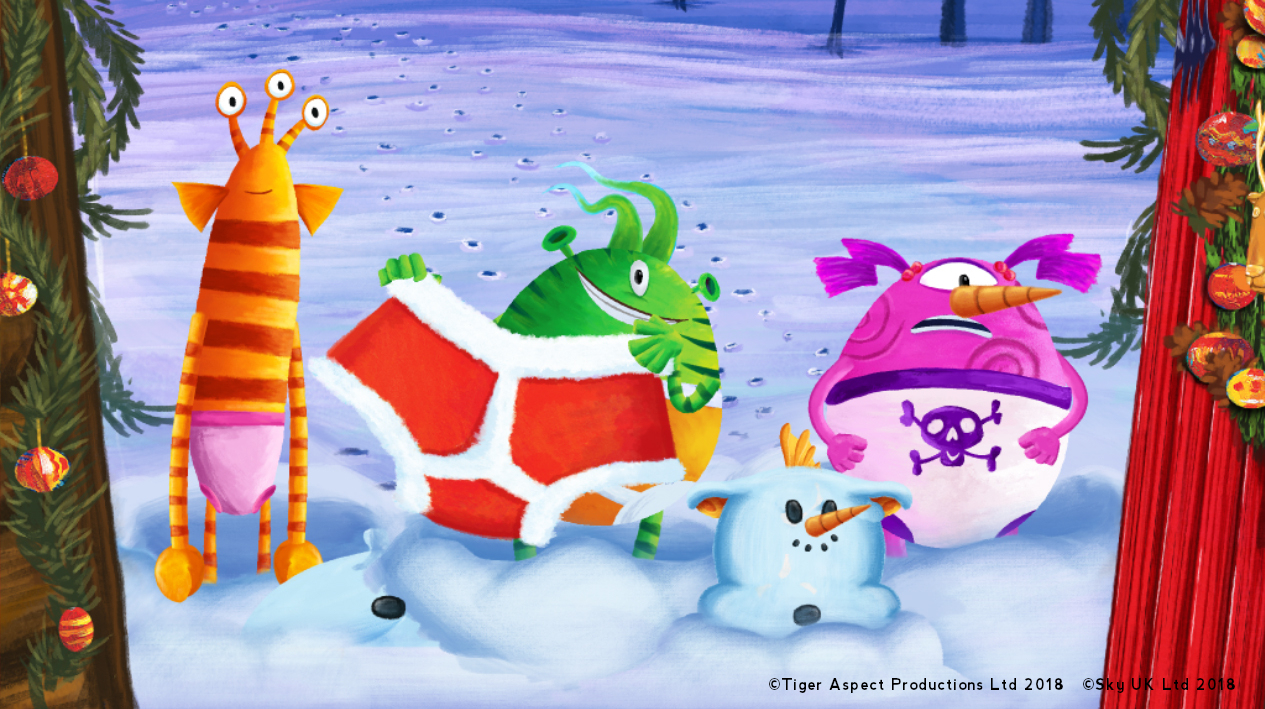 Illustration of different, colourful aliens wearing underpants in the snow