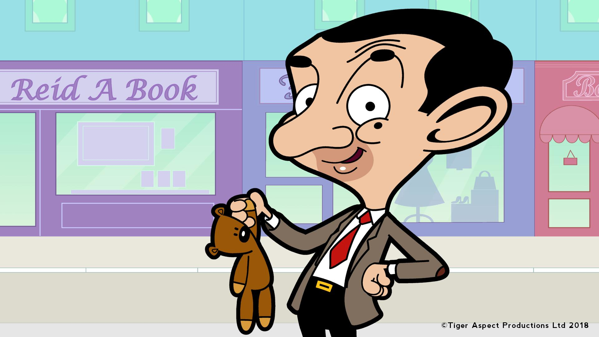 Illustration of the character Mr Bean holding his teddy bear in front of a row of shops.