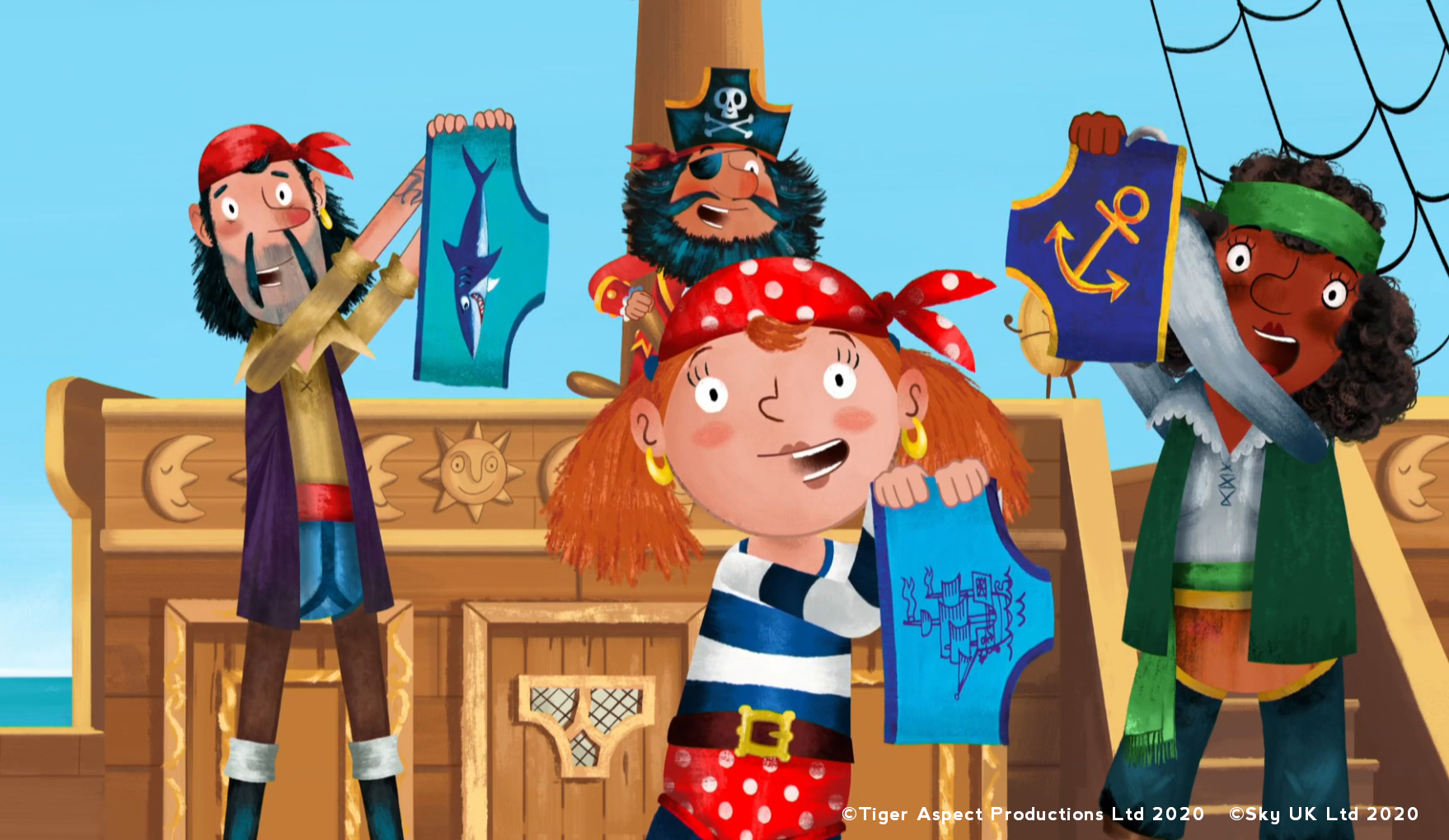 Illustration of four pirates on a ship holding up pairs of underwear.