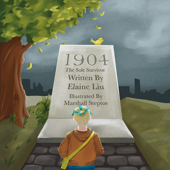 Book cover showing an illustration of a large headstone with a person looking at it, viewed from the back. The headstone reads "1904 The Sole Survivor written by Elaine Liu Illustrated by Marshall Steptoe".