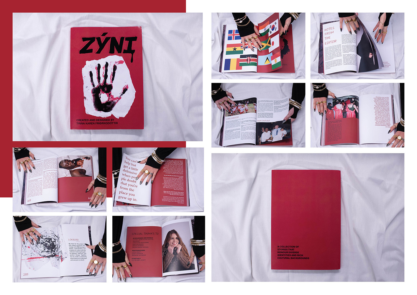 Red publication with "ZYNI" text and white handprint on cover. Multiple panels show hands flipping through pages with text and images.