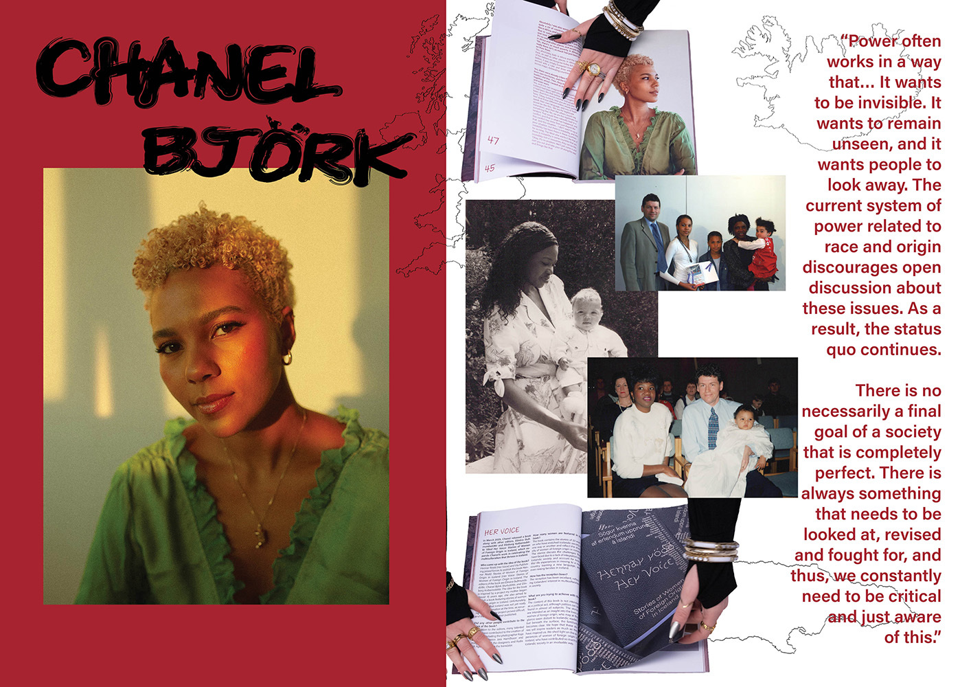 Red and white collage layout with "CHANEL BJORK" text in black. Multiple small photographs arranged on right side with red text blocks.
