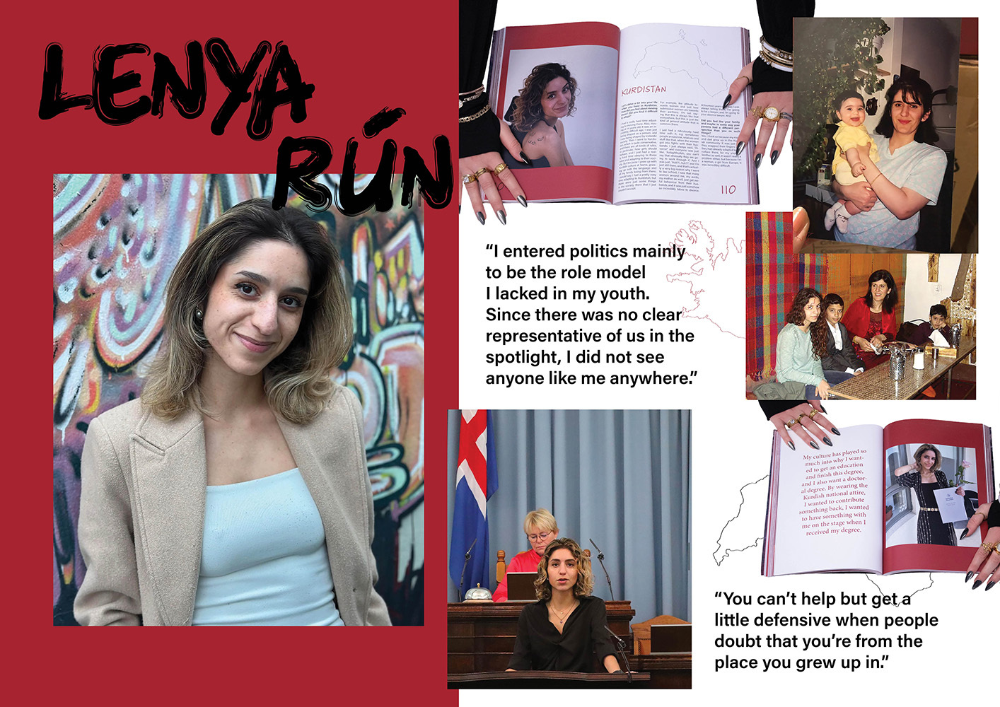 Red collage with "LENYA RUN" text featuring multiple photos of a woman and quoted text snippets about politics and representation.